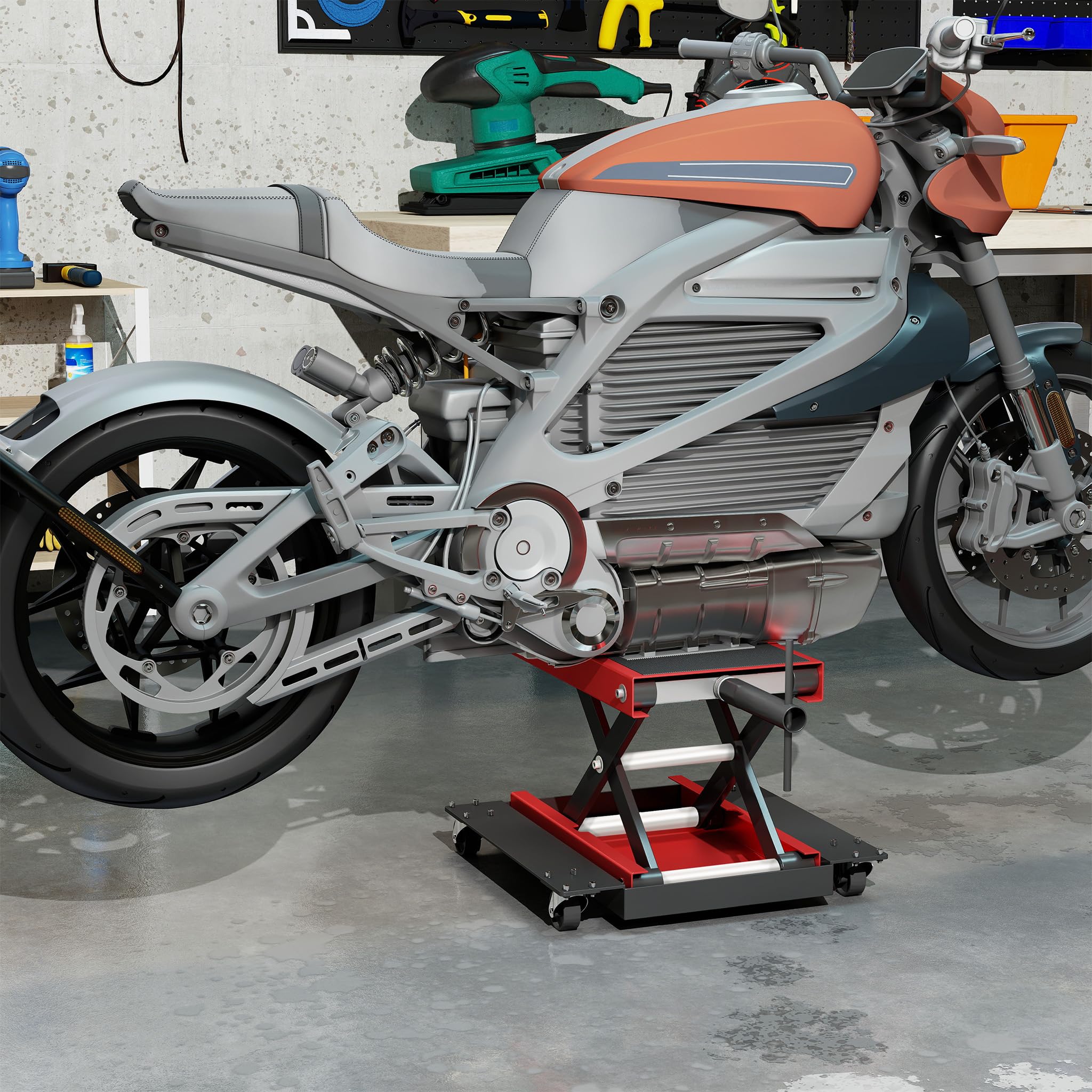 XMTECH Motorradheber mit Bodenplatte 500 kg, Motorradhebebühne höhenverstellbarer Scherenheber 125–375 mm, Motorradlift mit 4 Rollen für Reparatur und Wartung, extra stabil & hochbelastbar