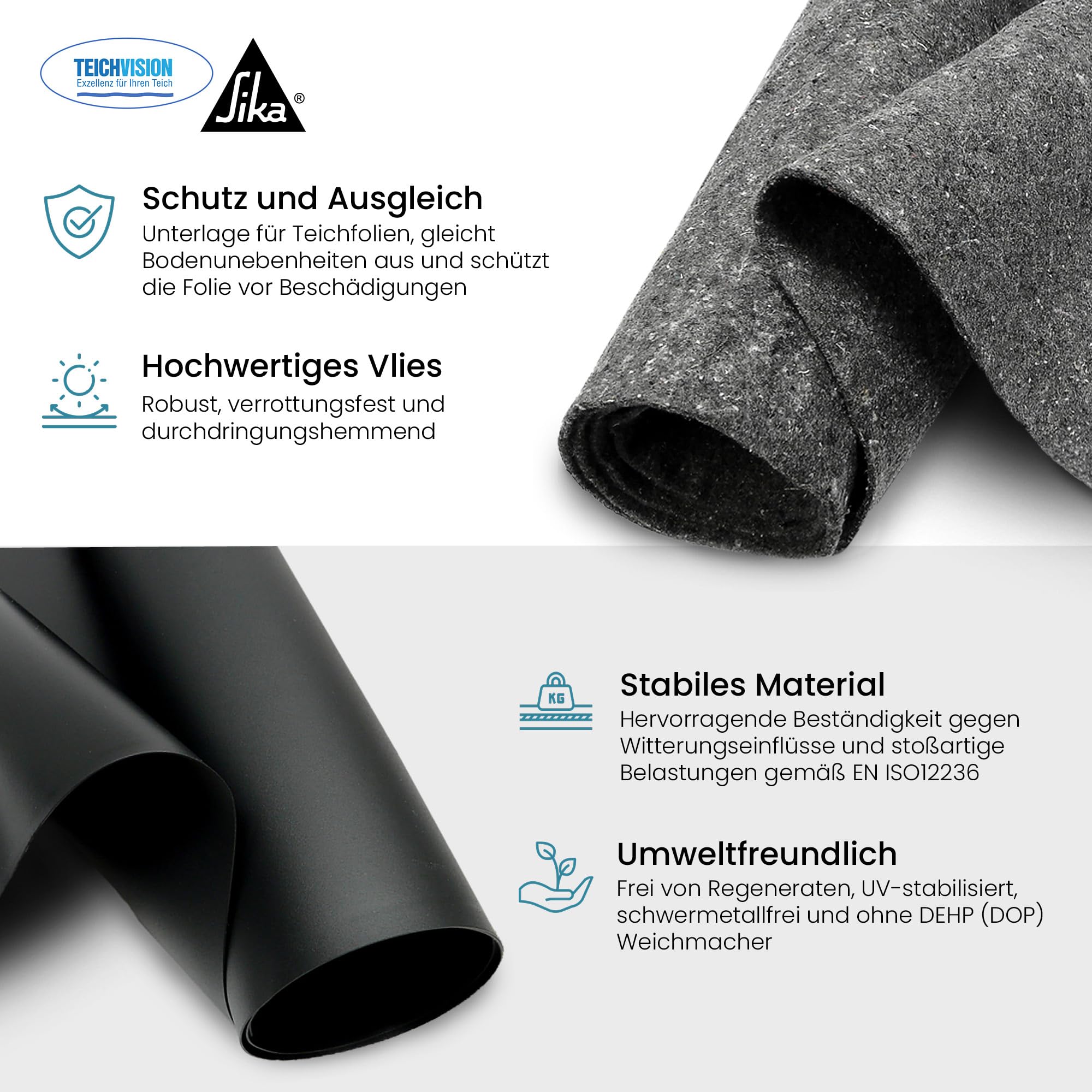 TeichVision PVC Teichfolie 1 mm 2 m x 3 m Teichvlies 300g schwarz grau