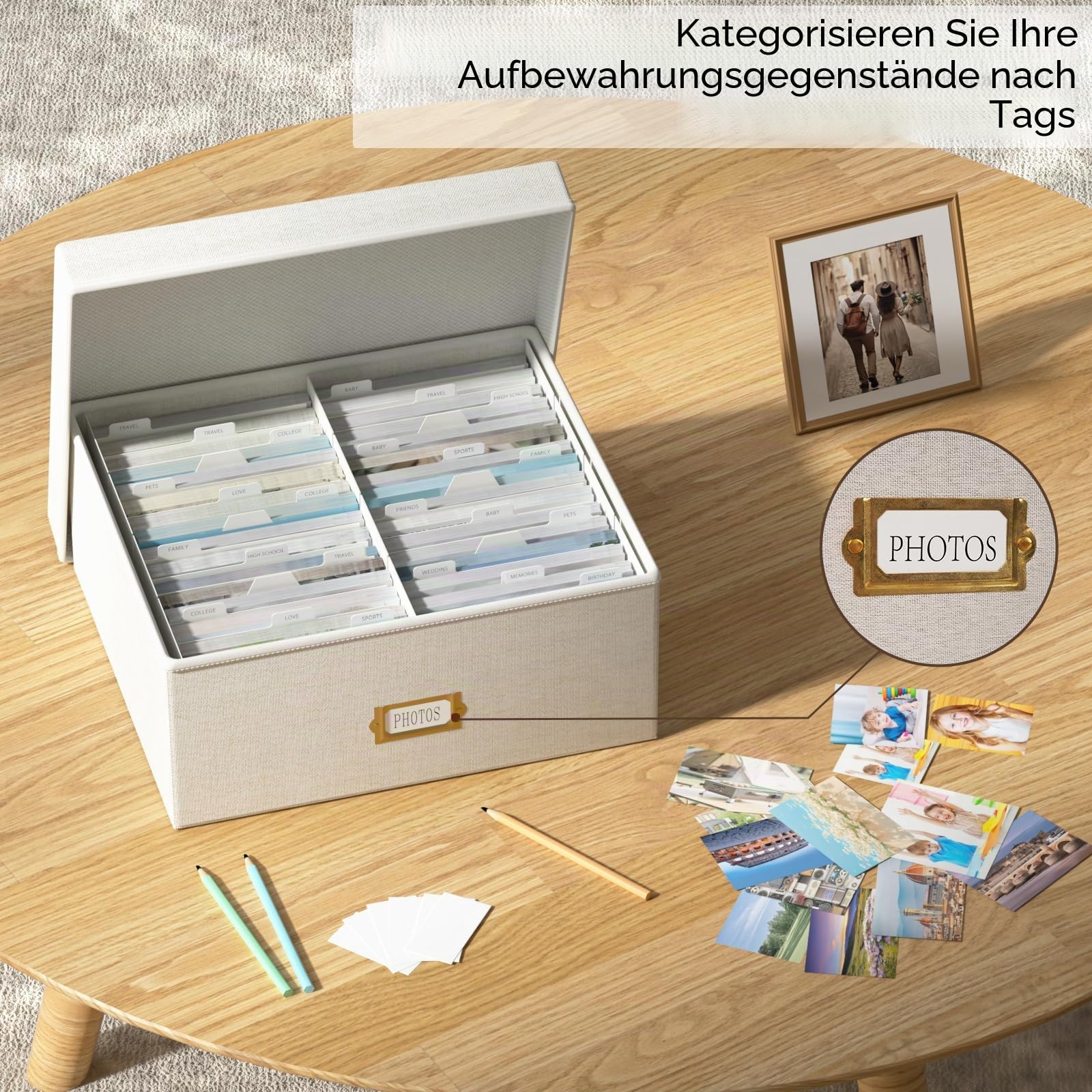 Dekorative Foto-Aufbewahrungsbox, Leinen-Fotobox für 1700 Bilder à 10 x 15 cm, Beige