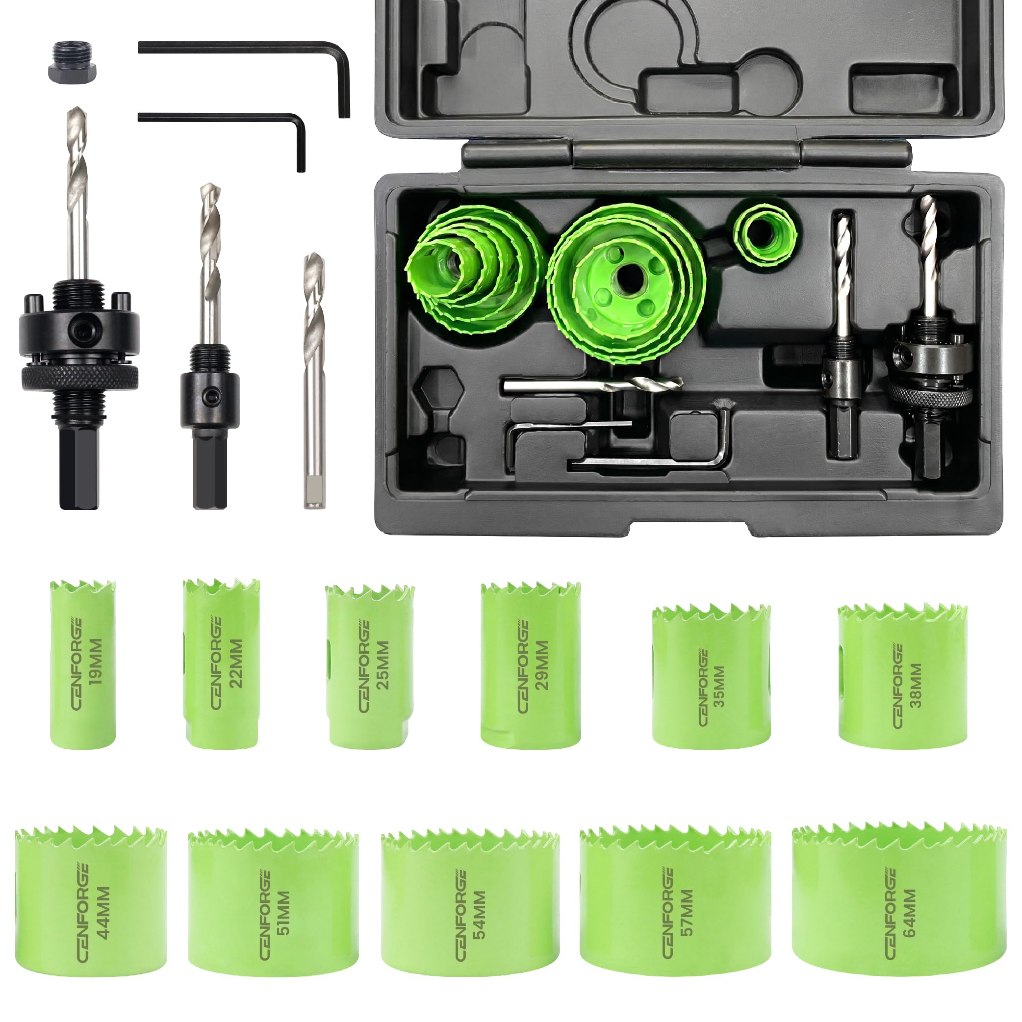 Cenforge Bi-Metal Hole Saw Kit, HoleSaw Set with 3/4" to 2-1/2" (19-64mm) Saw Blades, Mandrels, Hex Key, Drill Bit, Hole Saw for Wood, Metal, Drywall, PVC