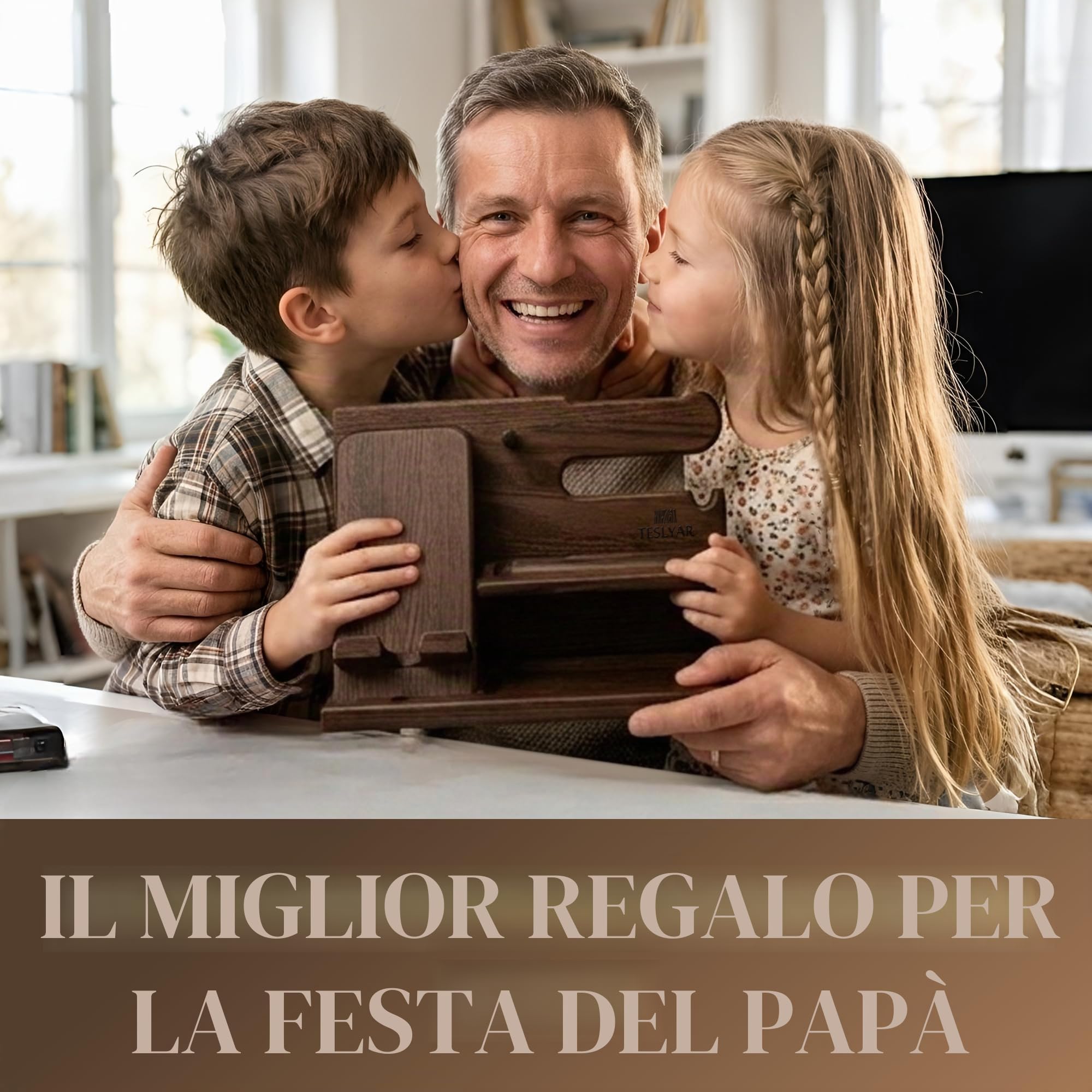 Teslyar Docking Station in Legno Massello di Frassino, Organizer da Comodino per Smartphone, Orologio, Portafoglio | Idea Regalo Uomo/Donna per Natale, Marito, Moglie, Papà (Marrone)
