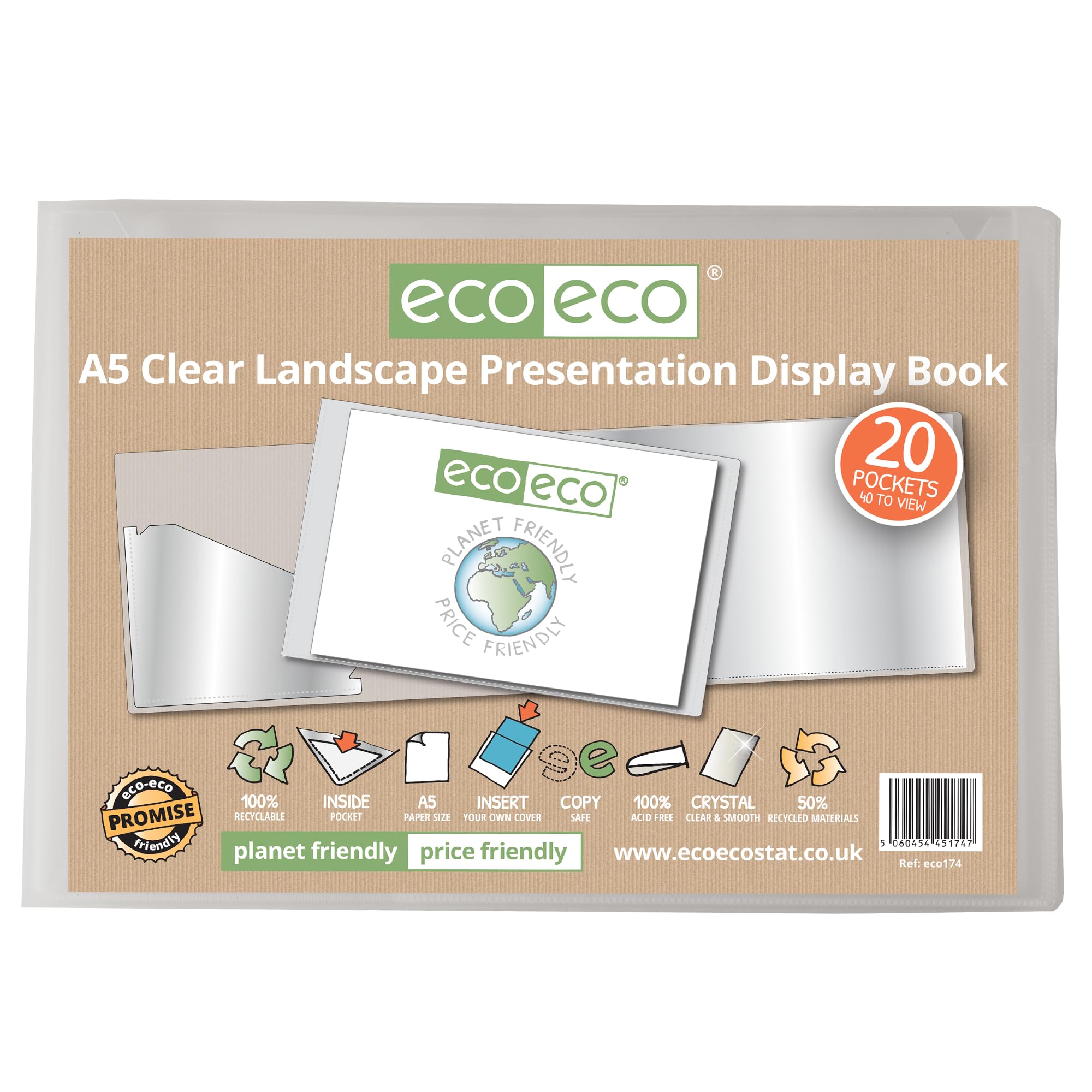 eco-eco A5 50% Recycled 20 Pocket Clear Landscape Presentation Display Book, Storage Case Portfolio Art Folder with Plastic Sleeves, eco174