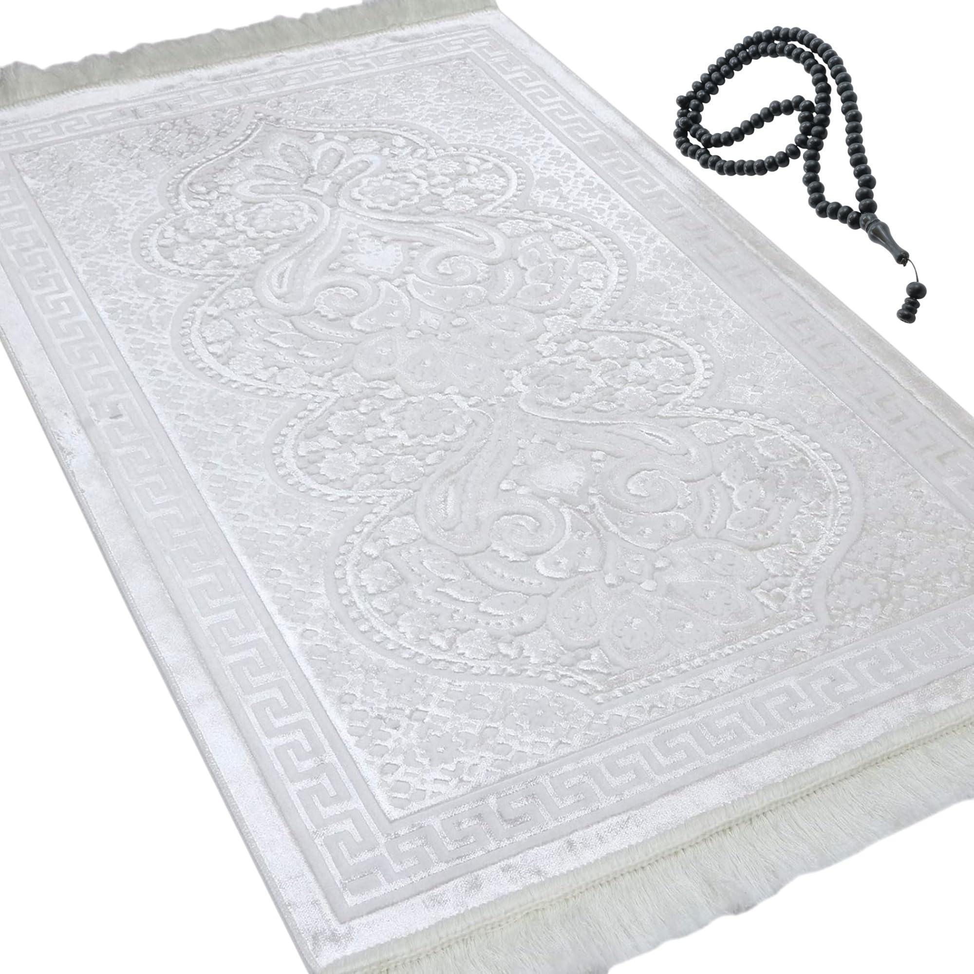 Modefa Luxury Velvet Prayer Rug with Prayer Beads | Soft Elegant Muslim Turkish Janamaz Sajada Carpet for Men and Women | Plain Solid Prayer Mat Ramadan Eid Gift - Paisley (Vanilla Creme)