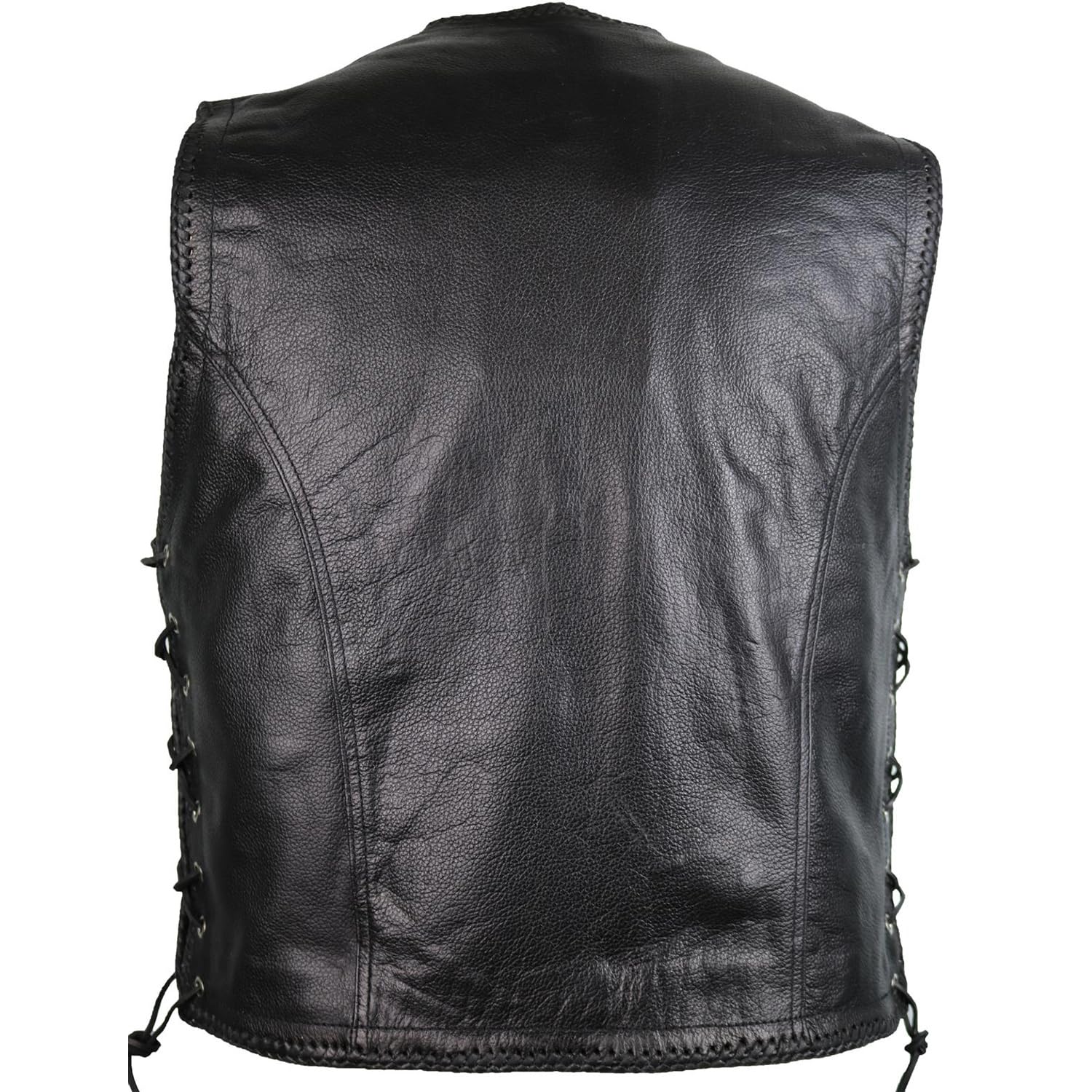MDM Chaleco de cuero para hombre estilo motero, Piel de vacuno auténtica, negro, botones a presión, cordones trenzados, forro de poliéster