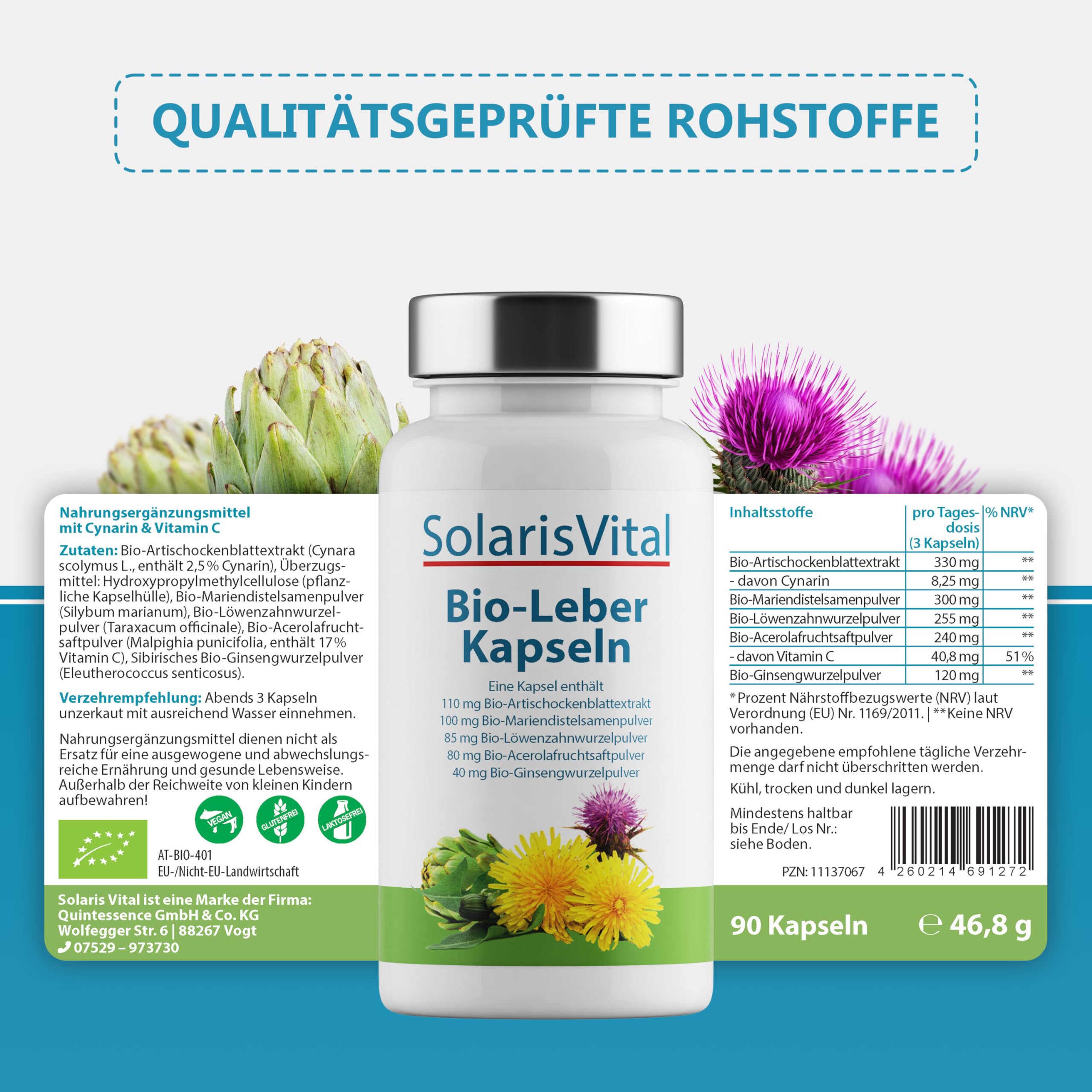 SolarisVital Leber Kapseln in Bioqualität 90 Stück - Kombination mit Artischocke, Mariendistel & Löwenzahn - Sinnvoll abgerundet mit Ginseng & Vitamin C - Produziert in Deutschland