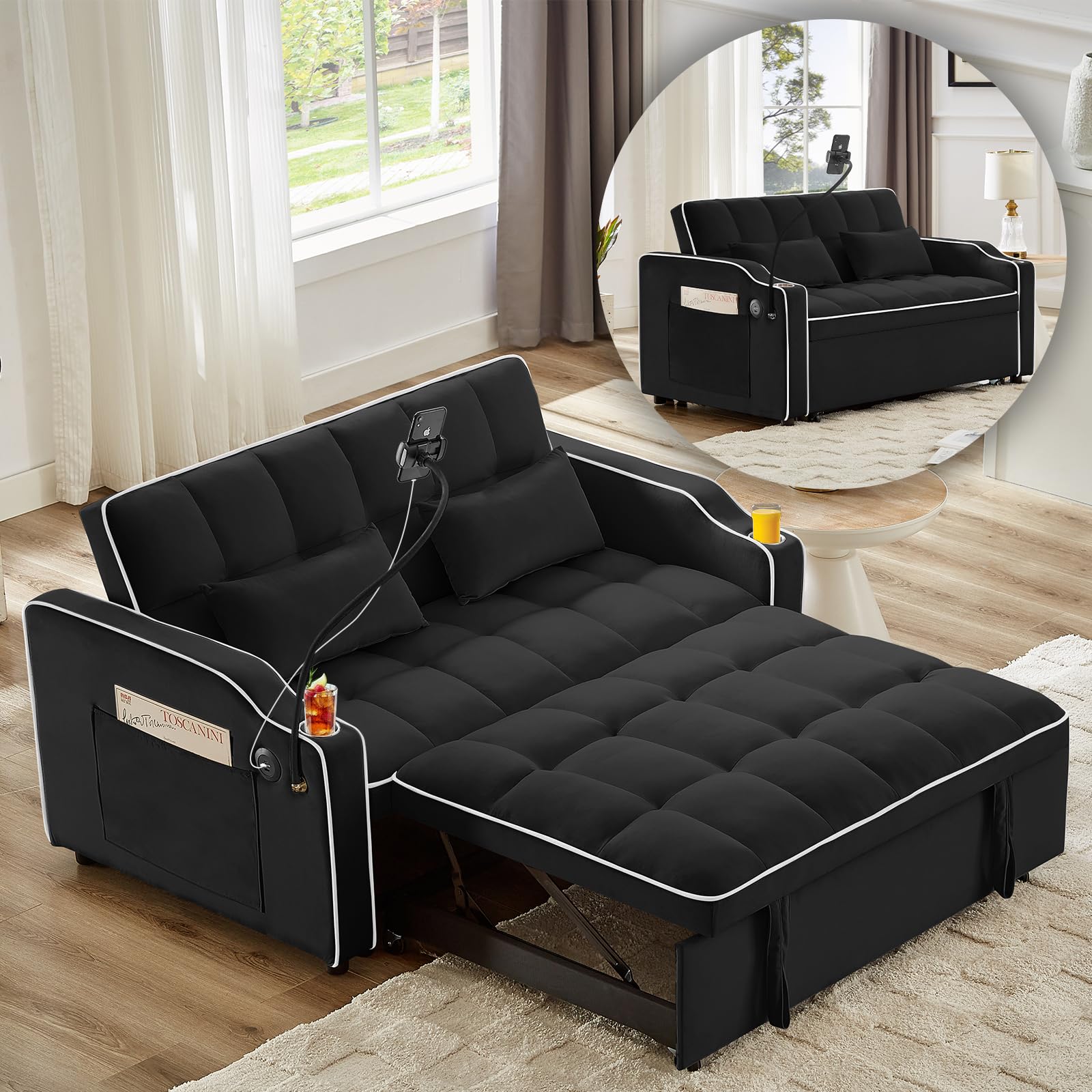 tiramisubest Convertible Sofa Bed, Sleeper Sofa with Side Pocket, Adjustable Backrest, Living Room Sofa with Phone Holder, Pull Out Couch, Loveseat with Cup Holder and USB Interface (Velvet, Black)
