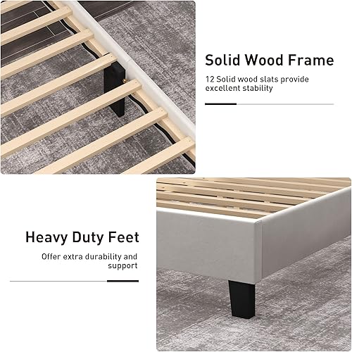 Miniatura 6 de Bonzy Home Base de cama matrimonial con cabecero, base de cama tapizada moderna de tamaño matrimonial, soporte de listones de madera maciza, no