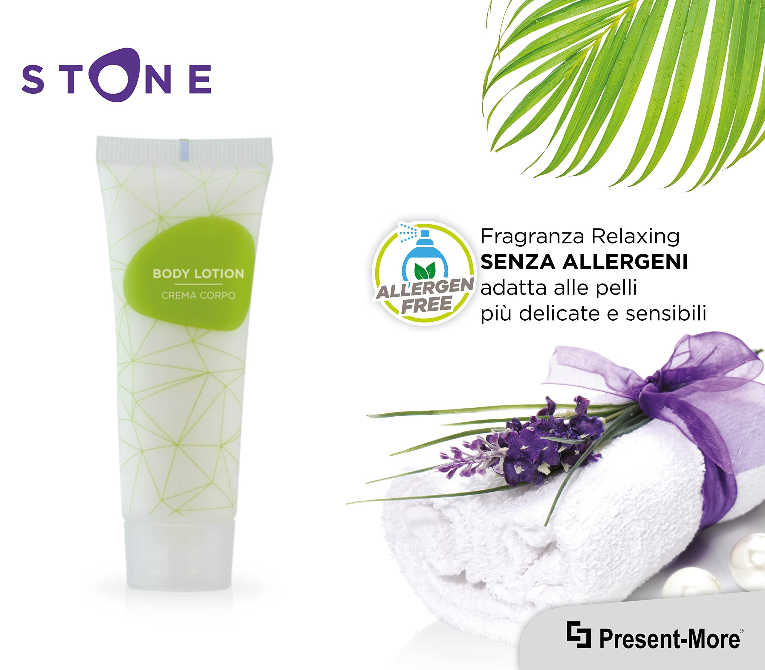 PRESENT-MORE - Mini Crema Corpo 30ml Stone - 250 Pezzi | Body Lotion Senza Allergeni - Fragranza Relaxing - Ideale per Hotel e B&B