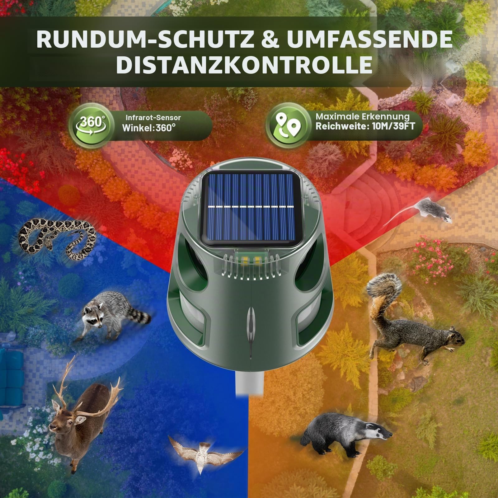 Katzenschreck Ultraschall Solar, Katzenschreck für Garten Wasserdicht, 5 Modi Einstellbar Marderschreck, Solarladung Garten Katzenabwehr, 360° Effektiv für Katzen, Hunde, Vögel, Mäuse