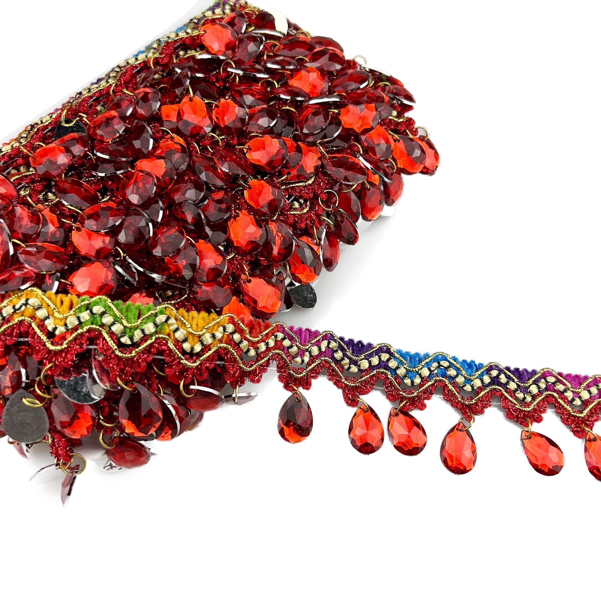 Yalulu 4.5 Yards Crystal Beads Tassel Fringe Trimming, Teardrop Beads Fringe Trim Polyester Sewing Fringe Tassel Trim for DIY Clothing Curtain Decor (Red)