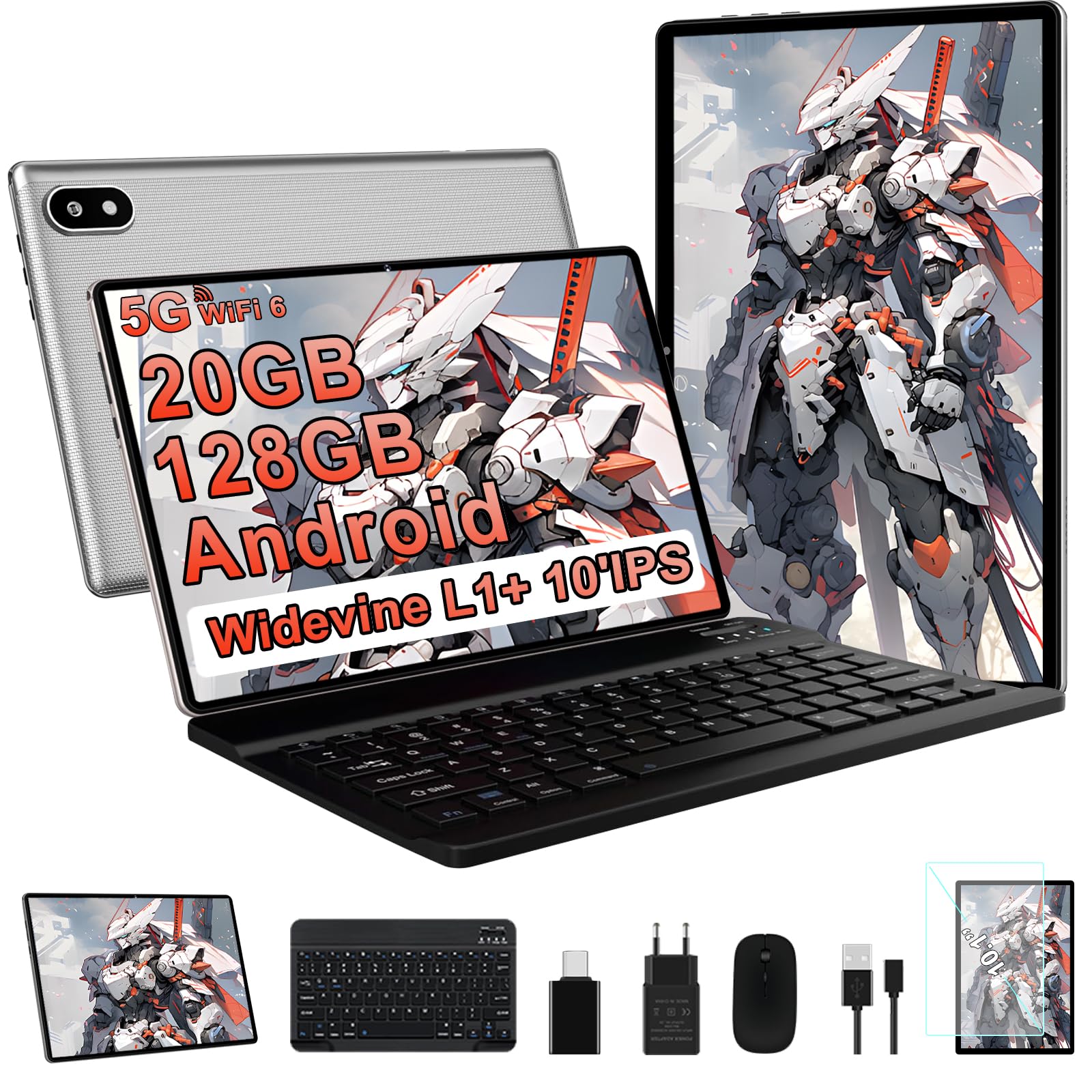 Tablet 10 Pollici Android con 20GB RAM+128GB ROM (TF 2TB), 5G WiFi 6, Octa-Core, 2.0 GHz, GMS, Bluetooth 5, 5MP + 8MP, 1280 * 800 FHD IPS, 2025 Newest Tablet Widevine L1 con Tastiera e Mouse - Silver