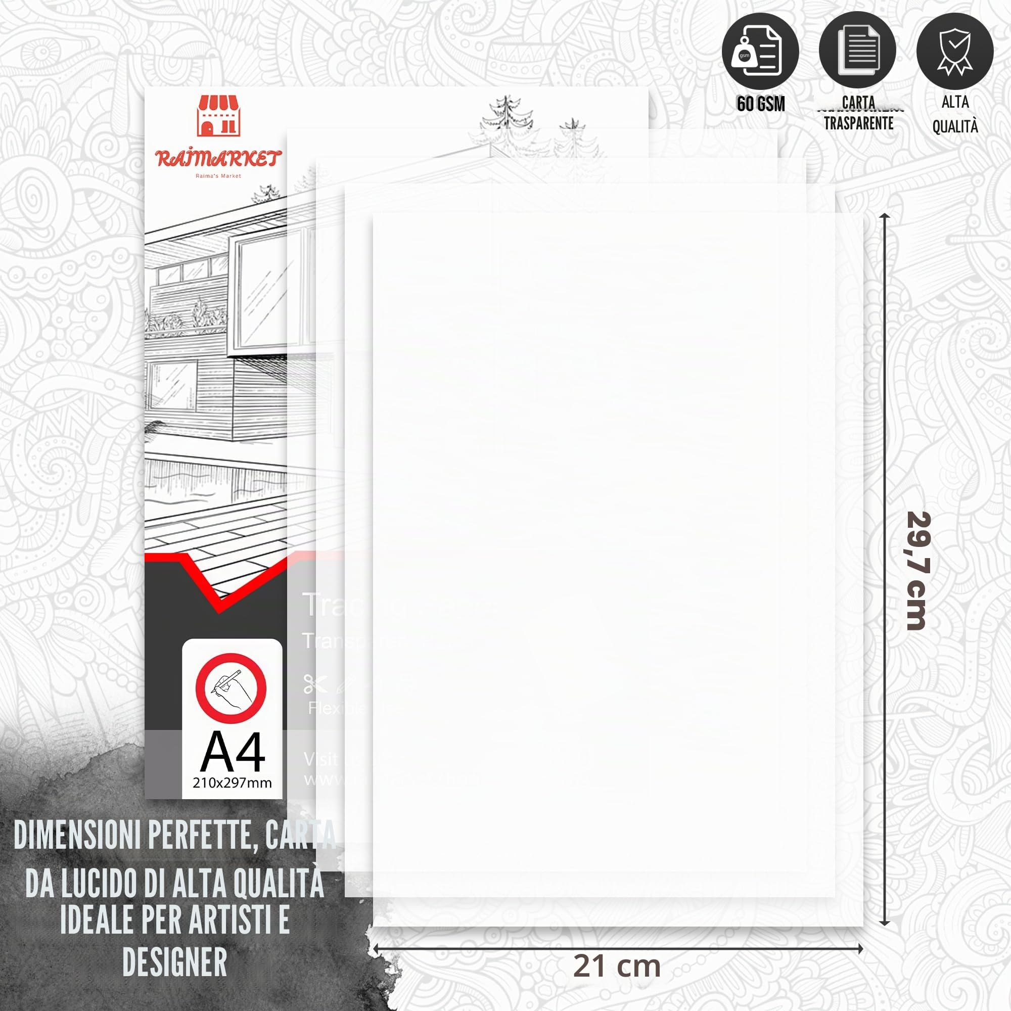 RAIMARKET Carta da Ricalco Premium - Fogli Trasparenti per Disegni Tecnici, Schizzi, Progetti Creativi e Architettonici - Ideale per Artisti, Designer e Fai-da-Te