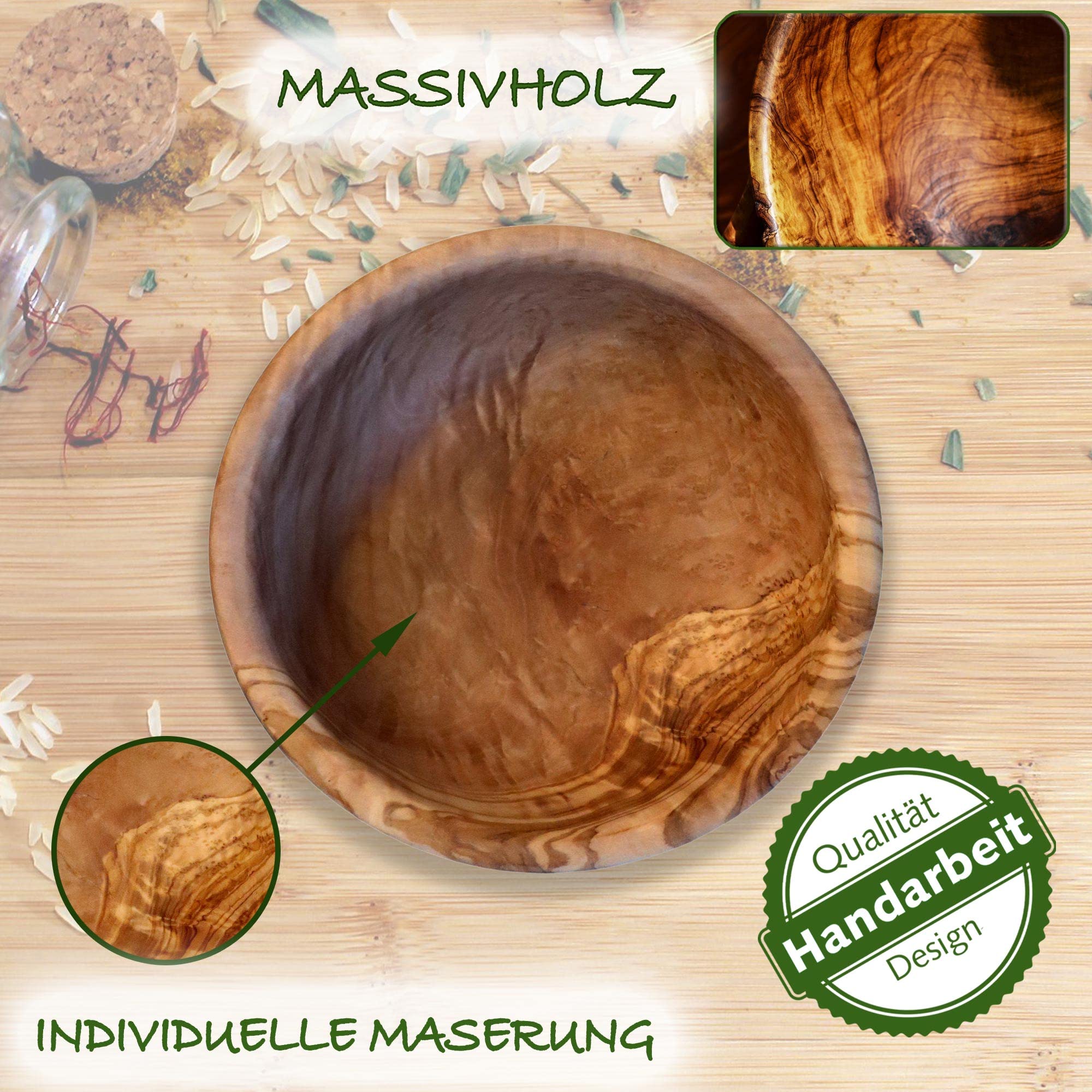 NATUREHOME Juego de 2 cuencos de madera de olivo, 16 cm de diámetro, hechos a mano, para cereales y ensalada