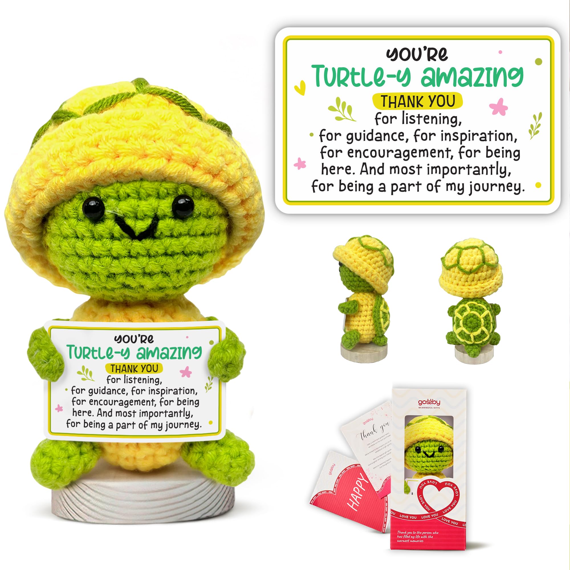 Gossby Appreciation Gift for Women - Handmade Positive Turtle Crochet - Thank You for Listening - Thank You, Christmas, Birthday, Positive Gift for Teacher, Mom, Friend, Coworker - Knitted Decor