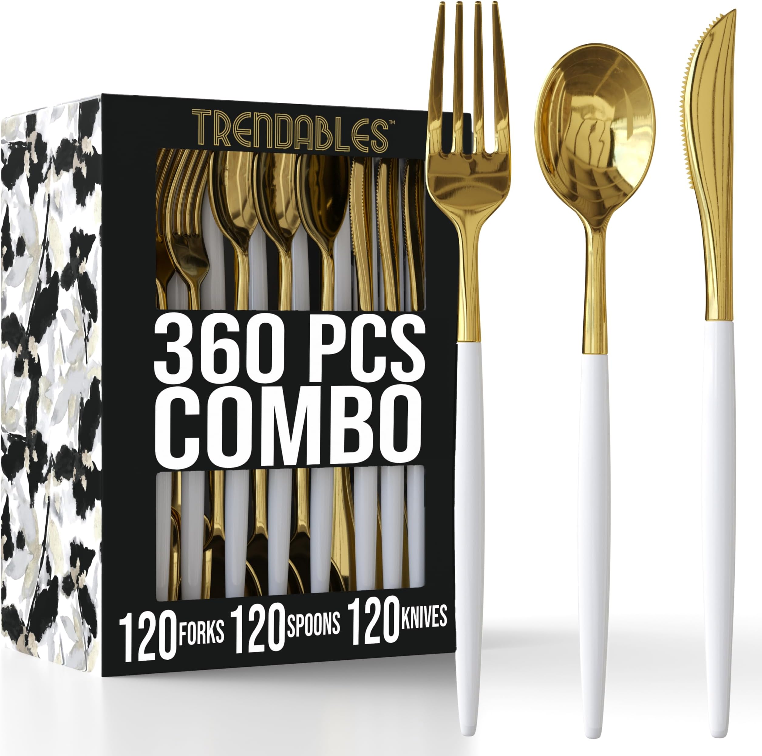 360 Pack Disposable Silverware Set - Cutlery Dinnerware - Includes 120 Forks - Spoons - Plastic Knives - White & Gold Plastic Silverware Utensils Party Set