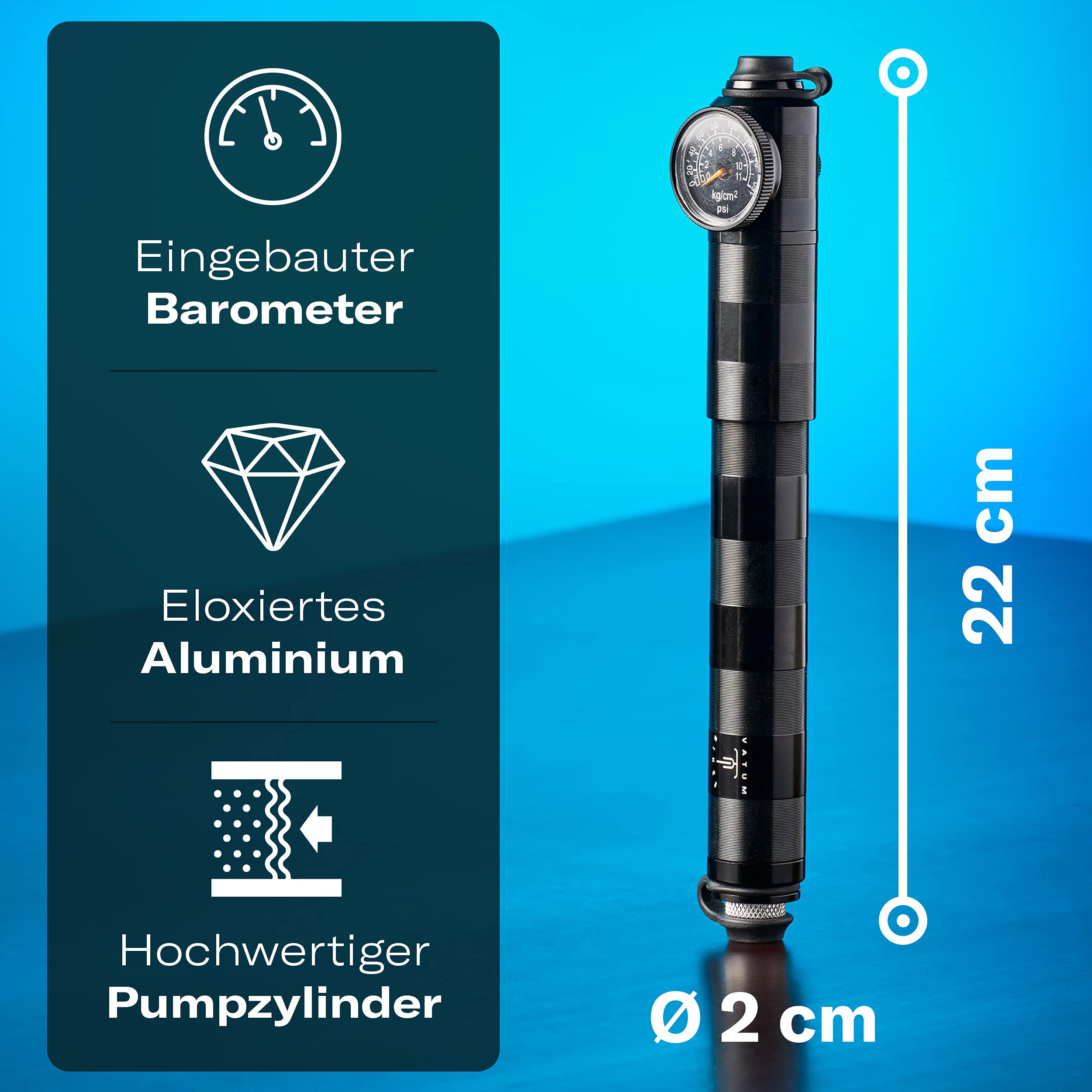Mini Fahrradpumpe für alle Ventile mit Druckanzeige - Luftpumpe Fahrrad alle Ventile - Geeignet für französisches Ventil & Sclaverand Ventil