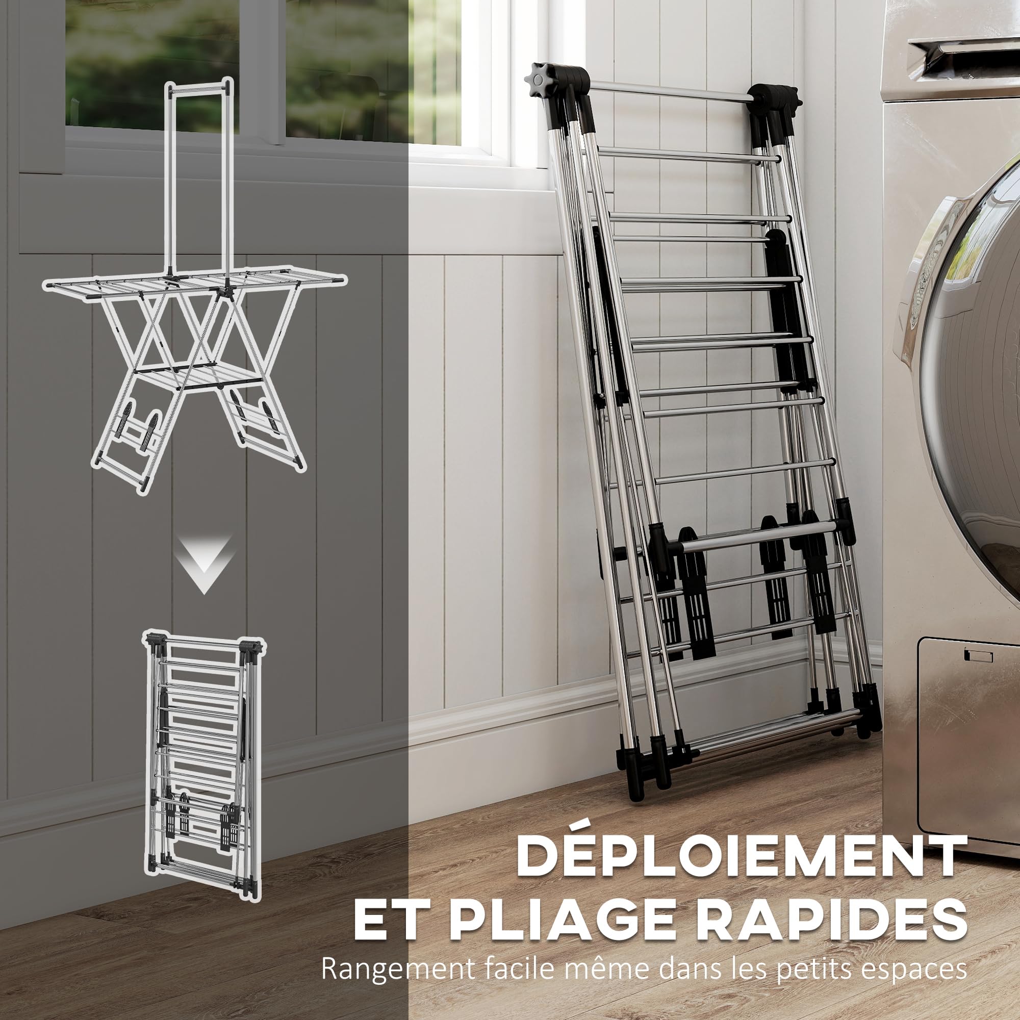 HOMCOM Séchoir à Linge Étendoir Pliable Ailes Réglables Argenté