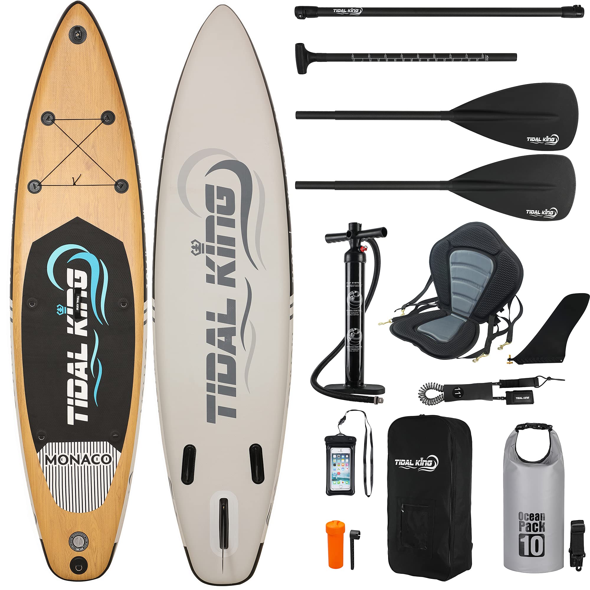 Tidal King 10'8 x 32 x 6" Monaco Double-Layer ISUP Inflatable Paddle Board with Kayak Kit, Carbon Paddle, Seat, US Fin Box, 10L Dry Bag, Rapid Pump, Backpack, Phone Case, Leash & 2 Year Warranty