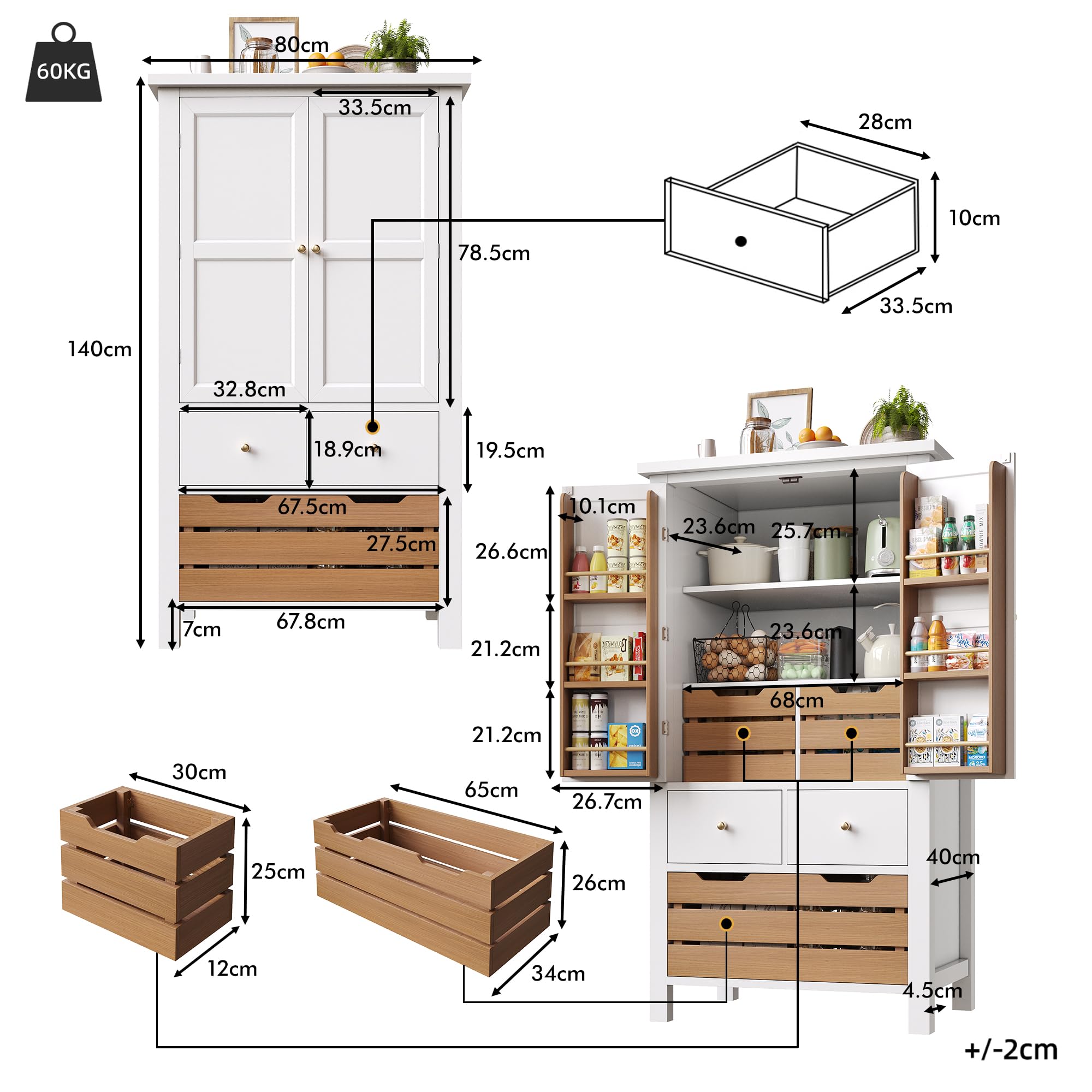 Kebnor Küchenschrank (80x40x140cm), hohes Küchenbuffet, Mehrzweckbuffet, Snackschrank, Aufbewahrungsmöbel mit Zwei Türen und fünf Schubladen (weiß)