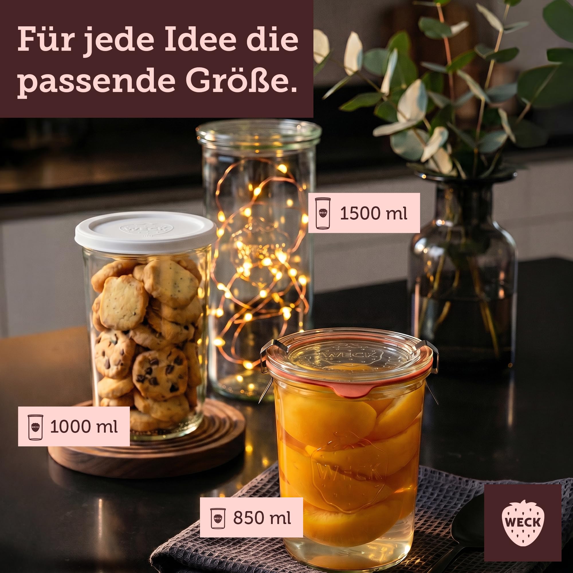 Weck Słoiki 750 ml – Zestaw 6 sztuk z pokrywkami – Kształt odwrócony – Wytrzymałe i sztaplowane słoiki do przetworów i przechowywania – Idealne do Meal Prep, zakwasu i fermentacji – Wielokrotnego
