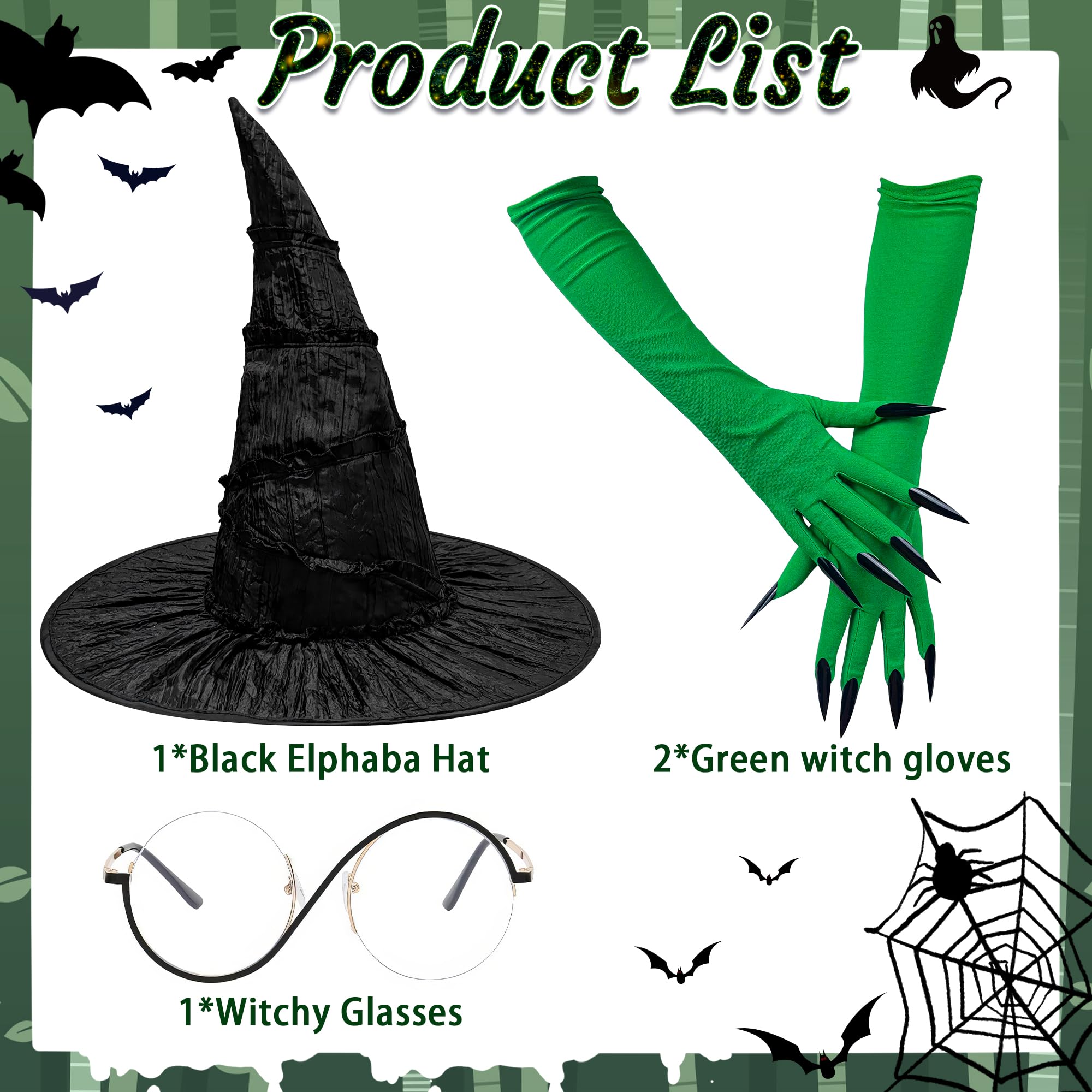 Horolam Witch Costume Accessories, Black Witches Hats with Glasses Green Gloves for Adult Women for World Book Day Cosplay Dress Up - Image 3