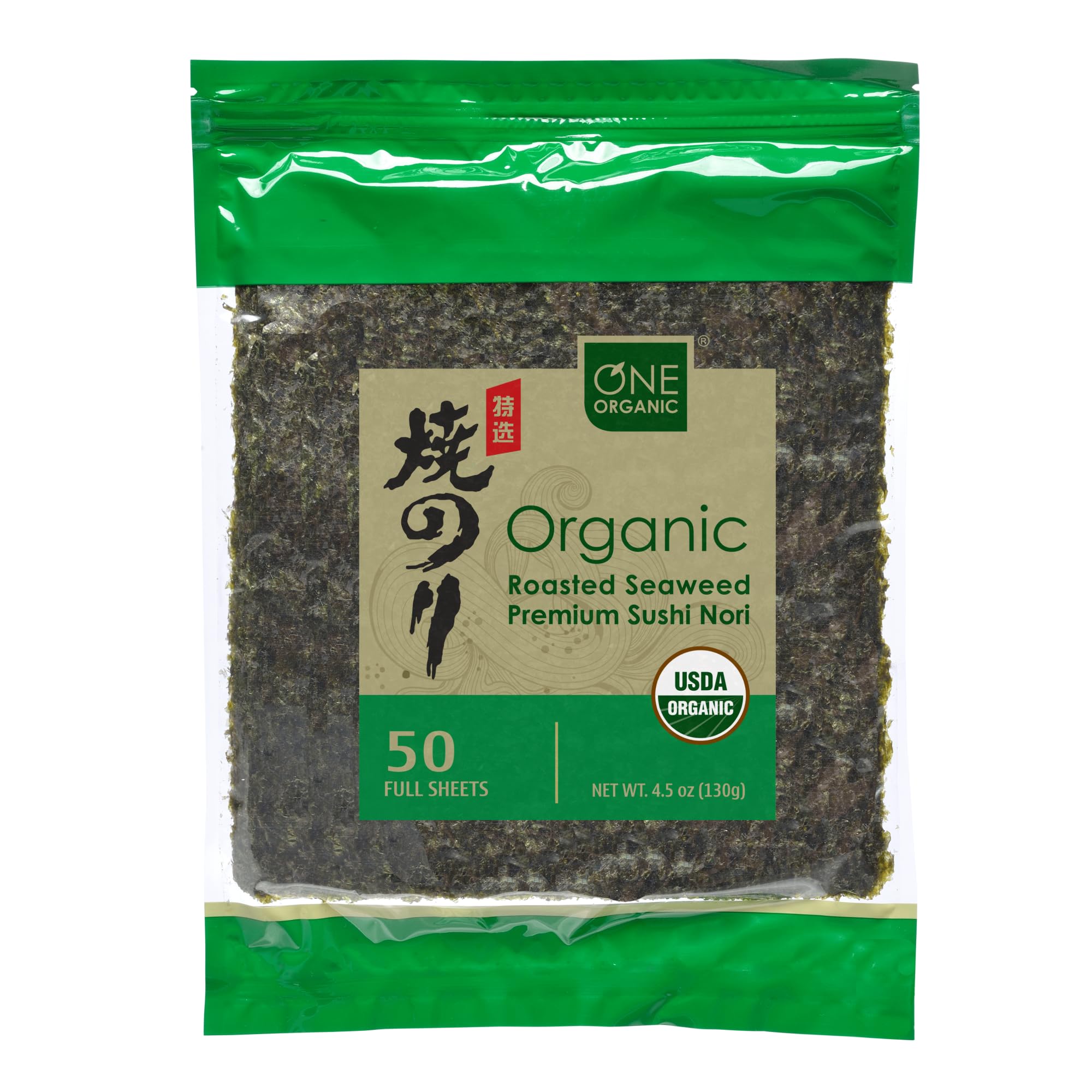 ONE ORGANIC Sushi Nori Premium Roasted Organic Seaweed (50 Full Sheets)