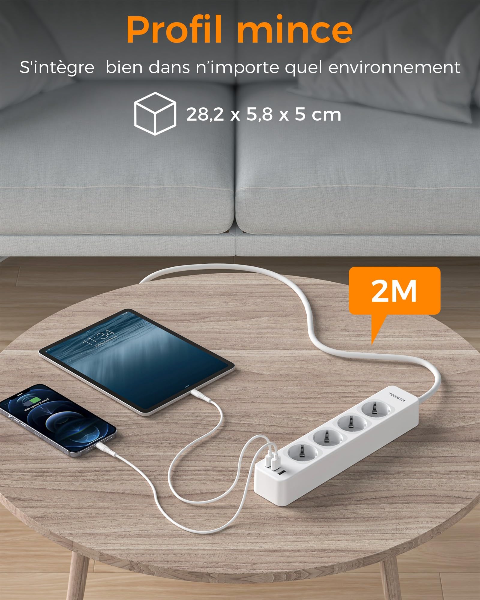 TESSAN Meervoudige stekkerdoos met 12 stopcontacten met USB C, stekkerdoos met 4 afzonderlijke schakelaars, verlengkabel 2 m verdelerstopcontact, meervoudige stekkerdoos met overspanningsbeveiliging