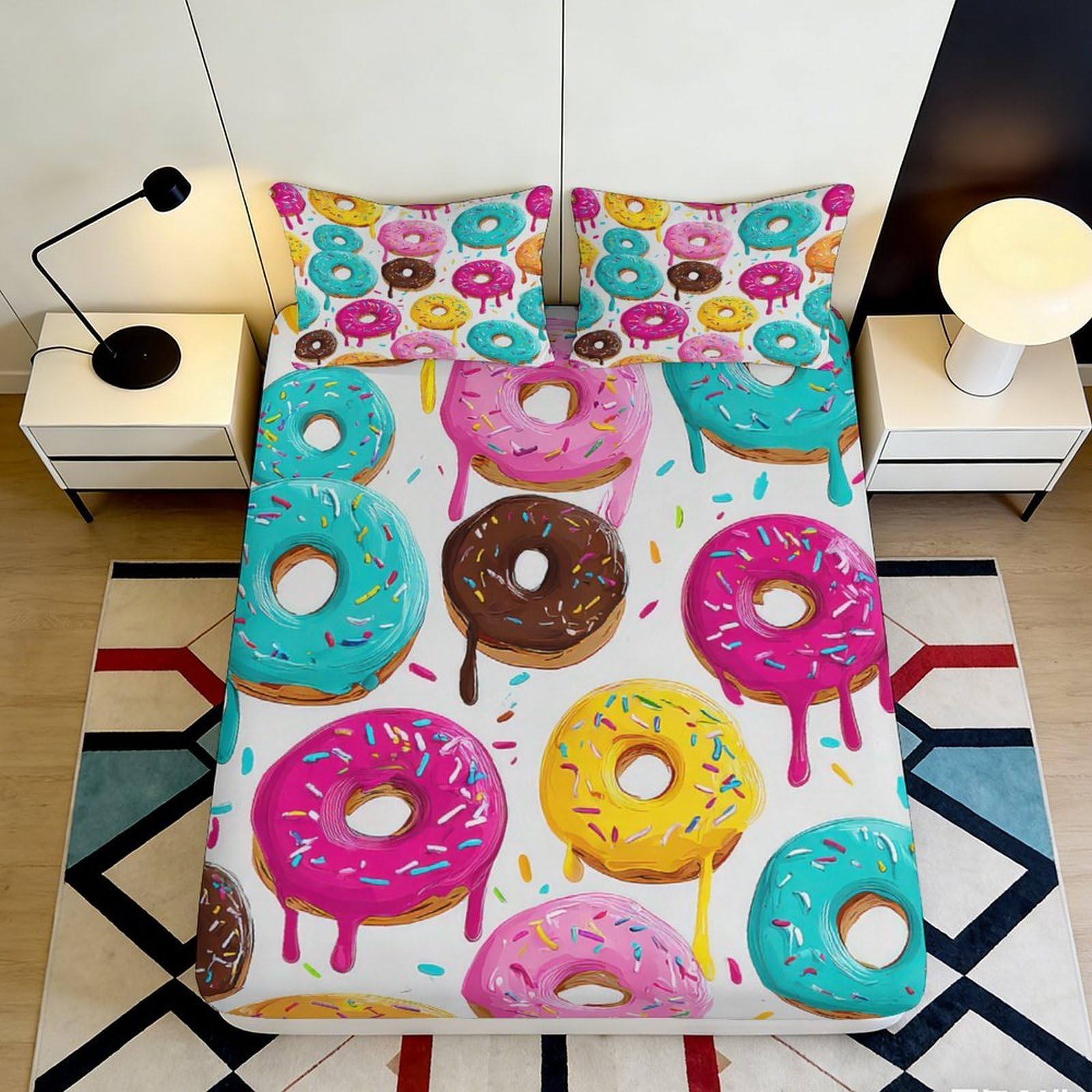 3D Printed Colorful Donut Pattern Fitted Sheet Microfiber Soft Breathable Dripping Doughnuts Bed Cover for Bedroom Dormitory Guest Room Mattress Protection 160x200x25cm
