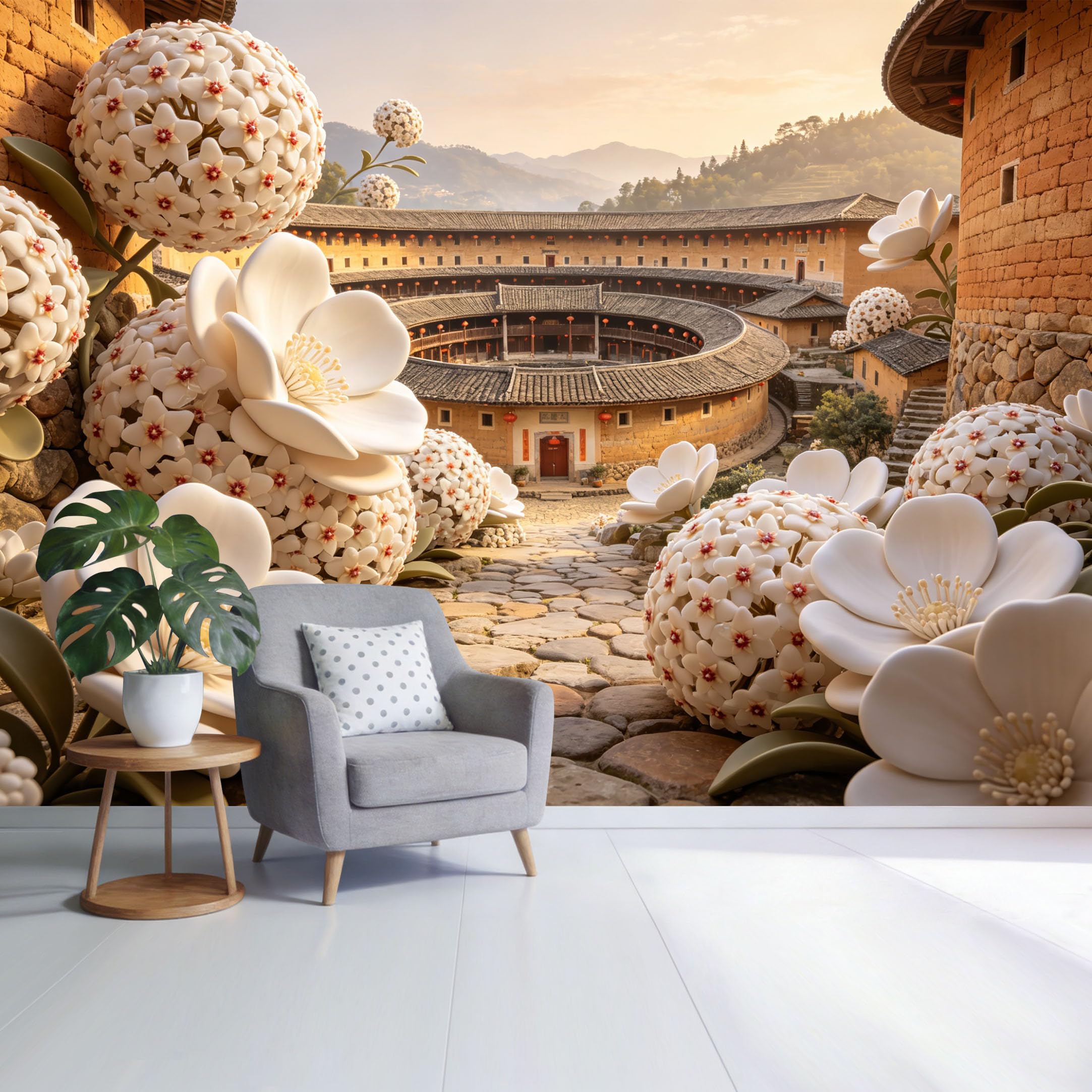 Custom Size Wall Mural 3D Floral Courtyard Architecture Mountain Sunset Landscape SelfAdhesive Wall Fabric Removable Wallpaper for Home Office Decor