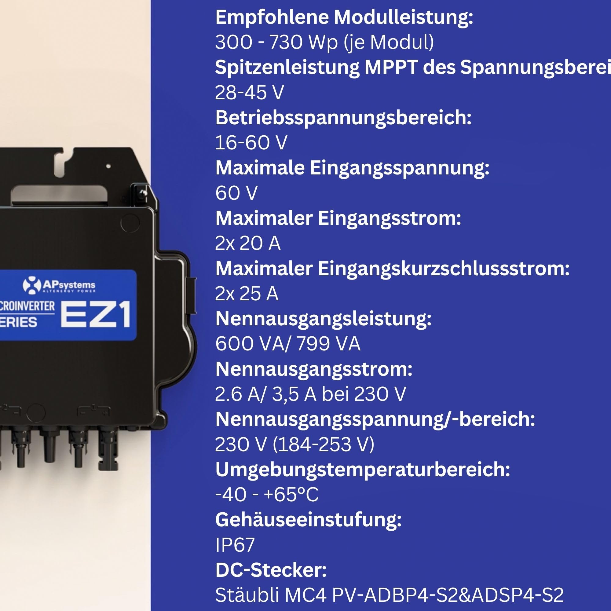 Wechselrichter 800W - APSystems EZ1-M 800Watt Mikrowechselrichter 800w mit WLAN & Bluetooth | Plug & Play Wechselrichter Balkonkraftwerk, 800w Wechselrichter PV VDE Zertifiziert