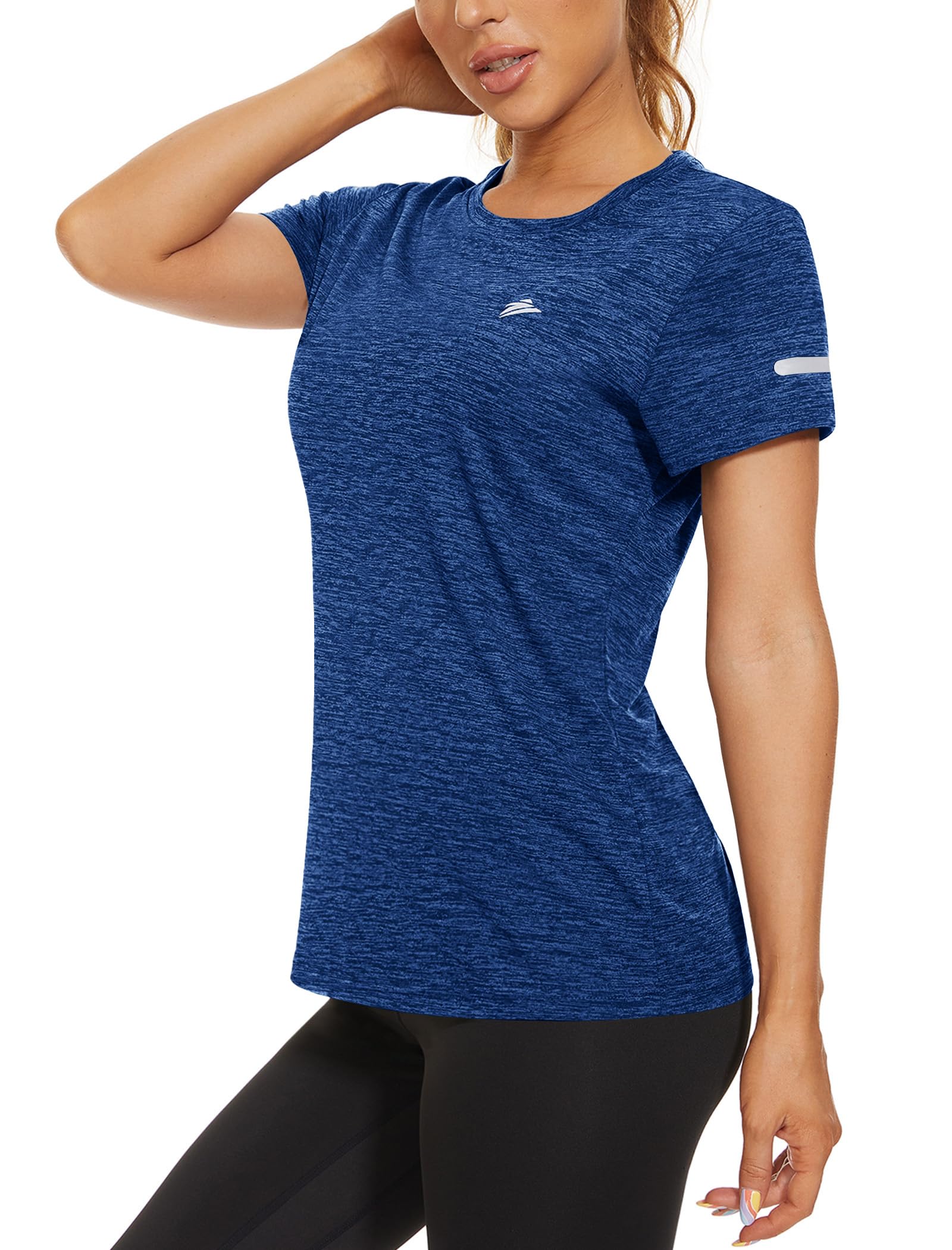 KEFITEVD Melange Sportshirt Damen Kurzarm mit Reflexstreifen Atmungsaktiv Stretch Funktionsshirt Rundhals Leicht Tshirt Schnelltrocknend Laufshirt Regular Fit