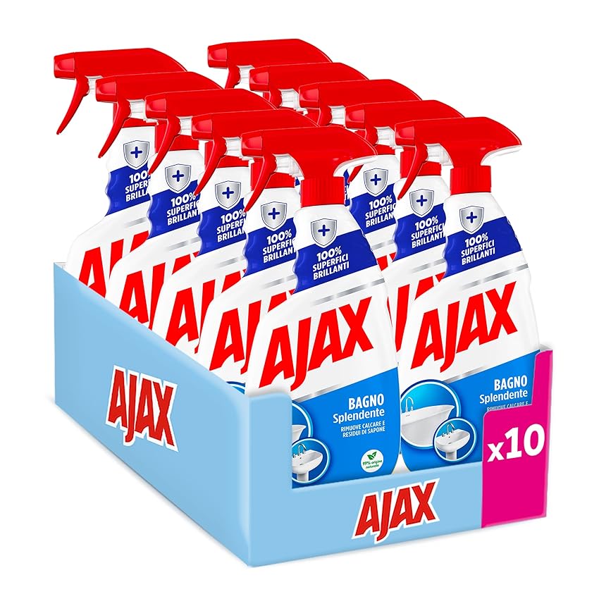 Ajax detersivo spray bagno splendente 10 Confezioni da 600 ml, Rimuove facilmente il 100% del calcare I Superfici del bagno brillanti I Detergente vegano* I flacone in plastica 100% riciclata
