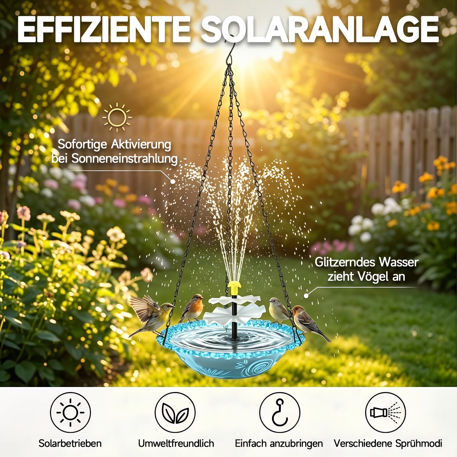 Vogeltränke Hängend, Vogeltränke Hängend mit Solarbrunnen, Vogeltränke mit Springbrunnen Solar, 3 Stufig Vogeltränke zum Aufhängen, Solarbetriebenes Vogelbad Garten für Garten Hof Terrasse Balkon