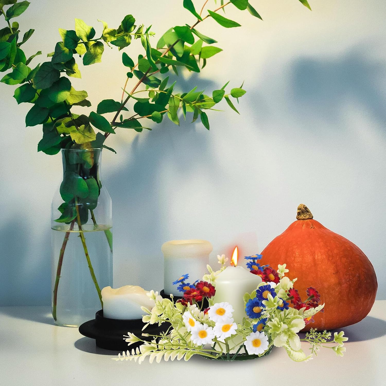 Artificial Flower Candle Wreath for Dining Table Centerpiece Fade-Resistant Floral Candle Ring Decoration for Holiday Party Romantic Table Decor with Sturdy Plastic and Fabric
