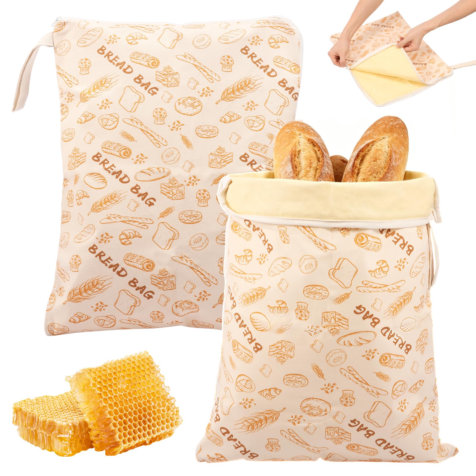 2 pièces de sacs à pain en cire d'abeille 43 cm × 33 cm, sac à pain réutilisable pour conserver au frais avec fermeture éclair en L et poignée, sac à pain pour conserver au frais, sacs en cire