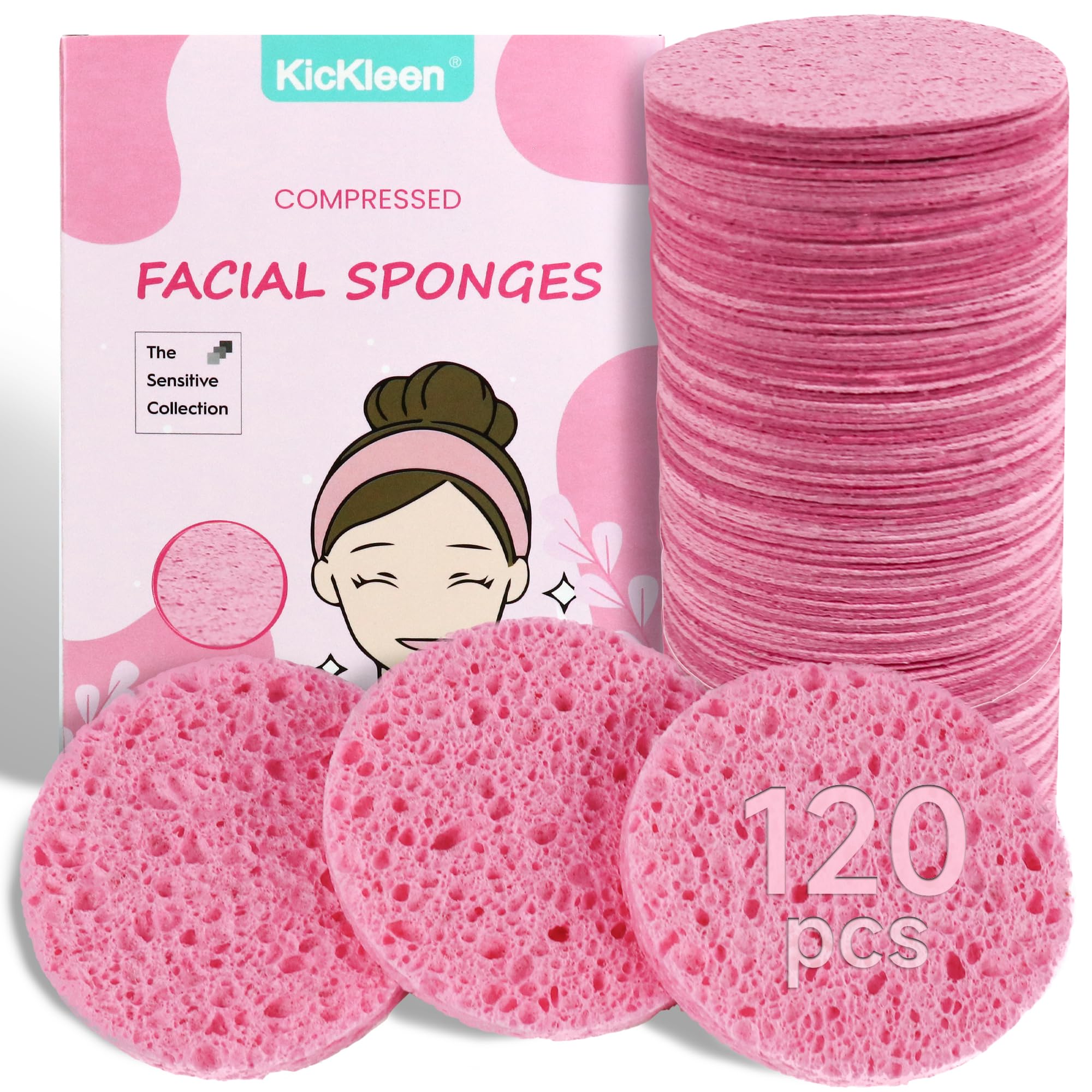 120-Count Compressed Facial Sponges|Kickleen 100% Natural Cellulose Cosmetic Spa Sponges for Daily Facial Cleansing|Makeup And Mask Removal|