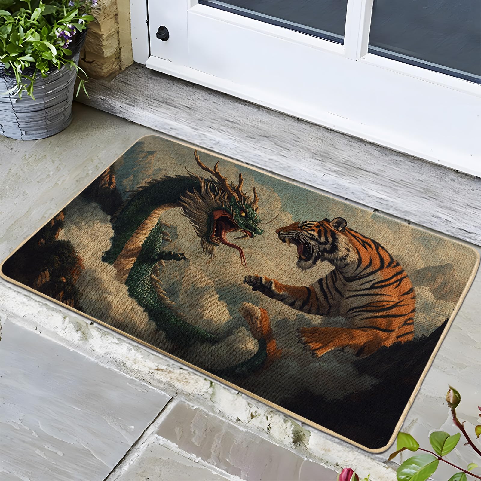 Dragon and Tiger Door Mat, Vintage Art Style Indoor & Outdoor Entrance Rug, Non-Slip Rubber Waterproof, Easy Clean Floor Mat for All Seasons 29x17 Inch