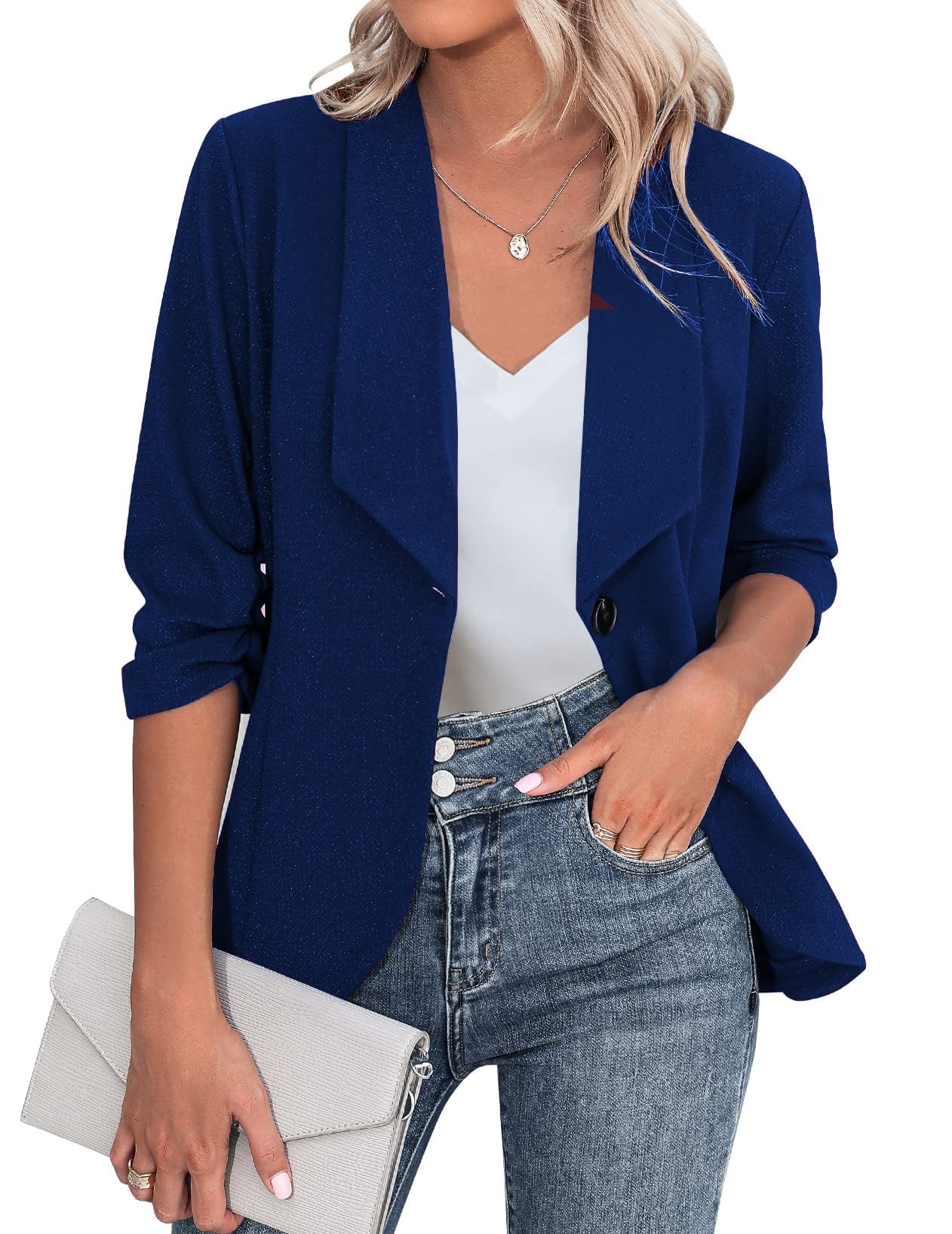 Zeagoo Damen Blazer Elegant 3/4 Arm Business Longblazer Slim Fit Revers Sakko Casual für Arbeit Anzug S-3XL