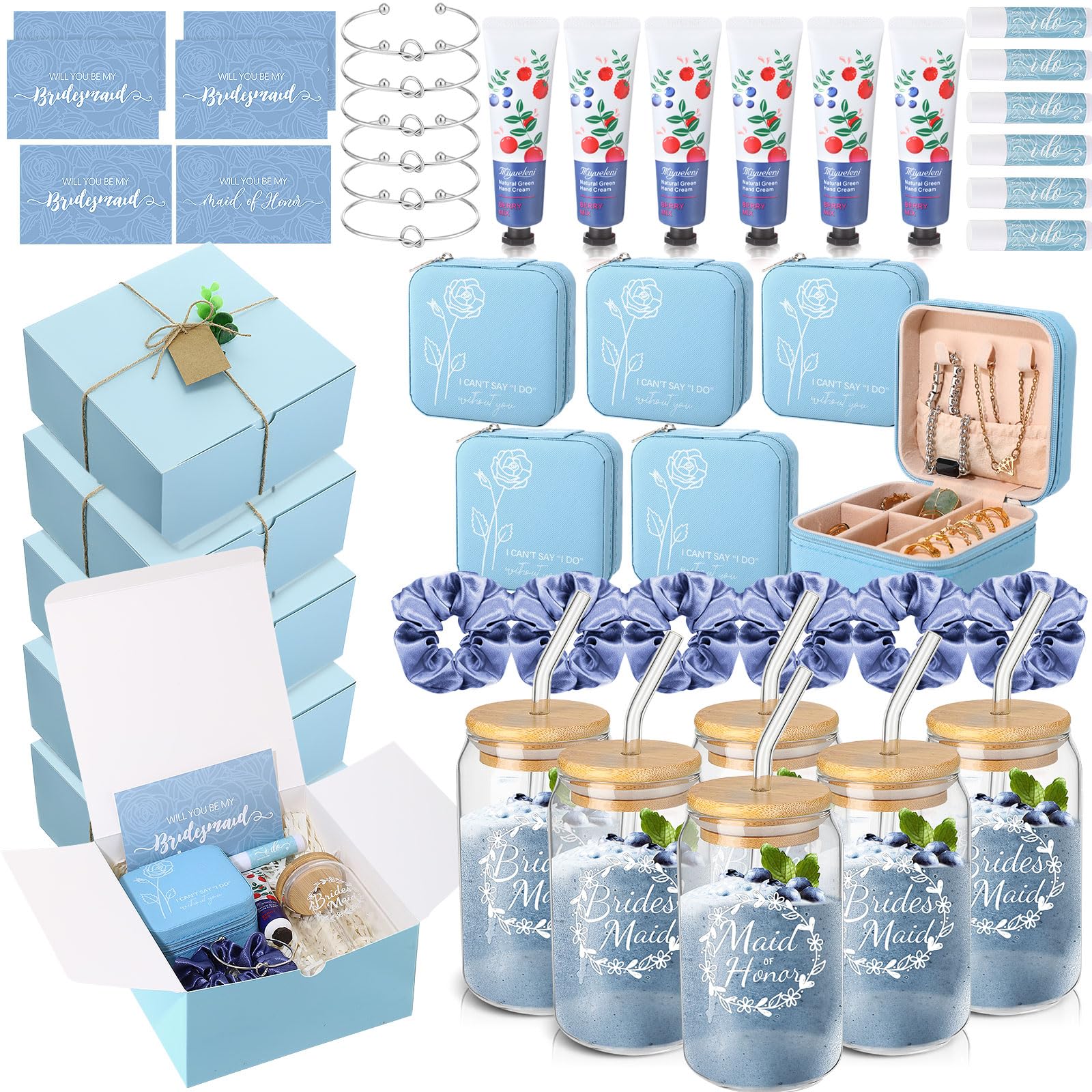 Teenyyou 60 Pcs Bridesmaid Proposal Gifts Bridesmaid Box Set Maid of Honor Gifts Wedding Bridal Shower Include Jewelry Box Glass Cup Scrunchies Hair Knotted Bracelets Hand Cream Lip Balm Cards(Blue)