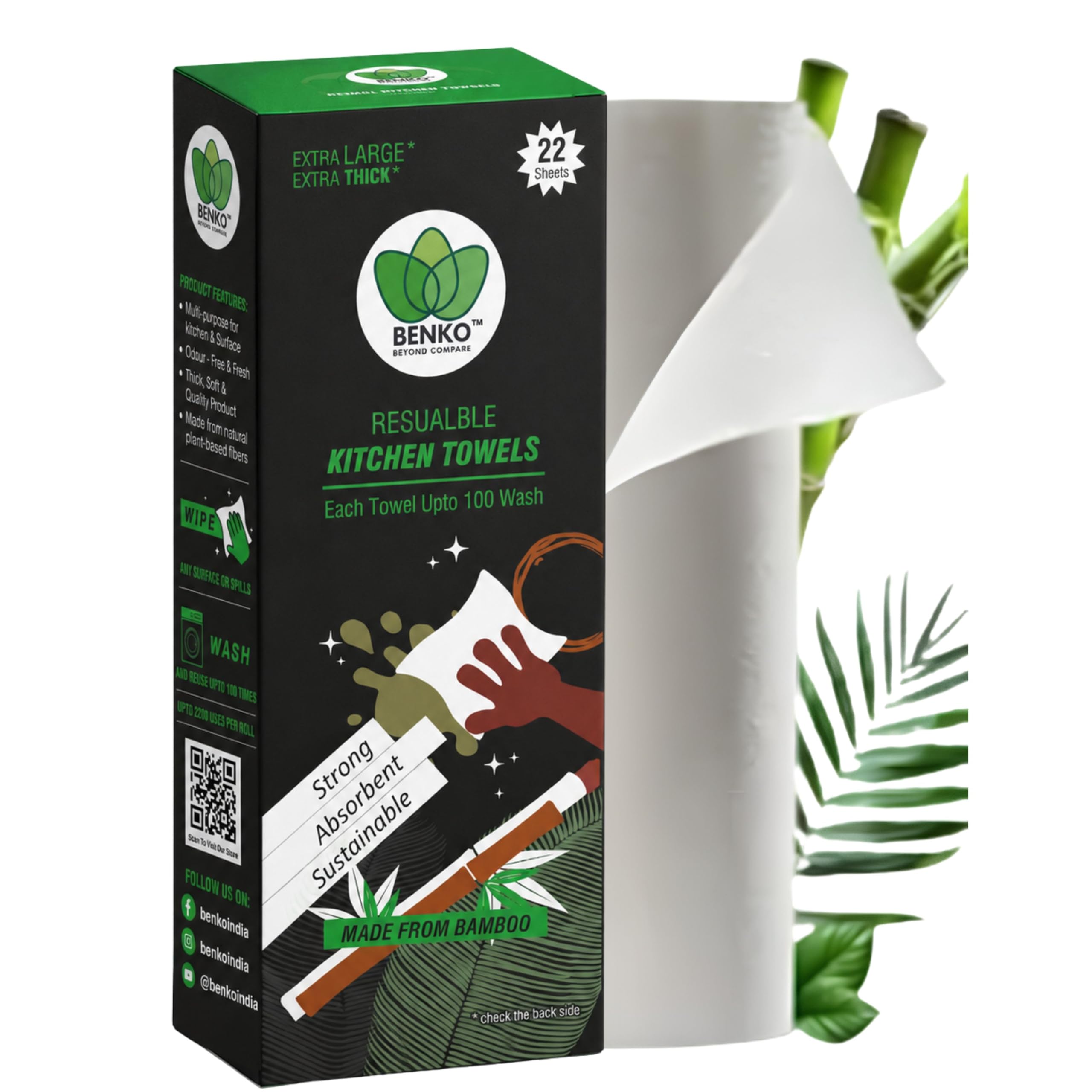 BENKO!-Premium Jambo Washable & Reusable Kitchen Towel Roll | With 100 Pulls/Sheet | Extra Thick 45GSM | Size: 30cm x 25 cm | Highly Absorbent | Eco Friendly | Upto 10 Time washable-image-23