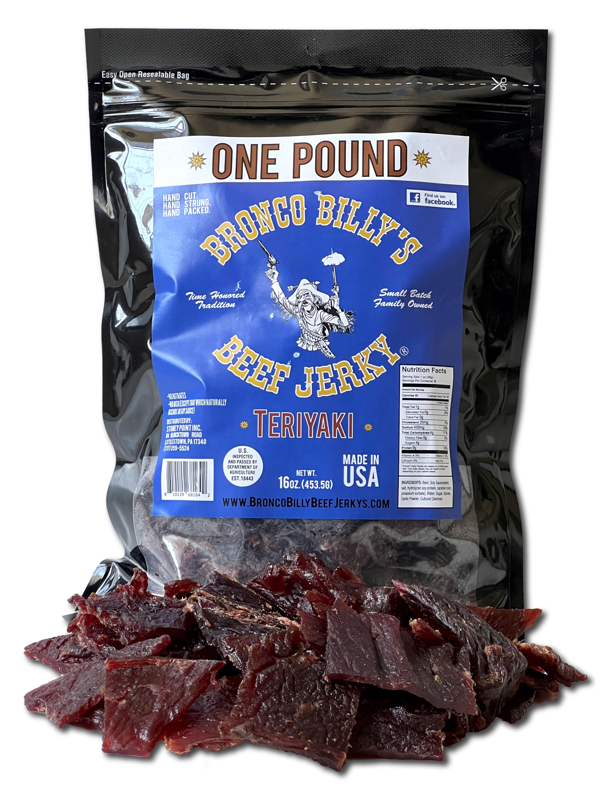 Bronco Billy's Beef Jerky Teriyaki One Pound Resealable Bag, Made in USA with Premium USDA Beef, Hand Cut, Hand Strung, Hand Packed