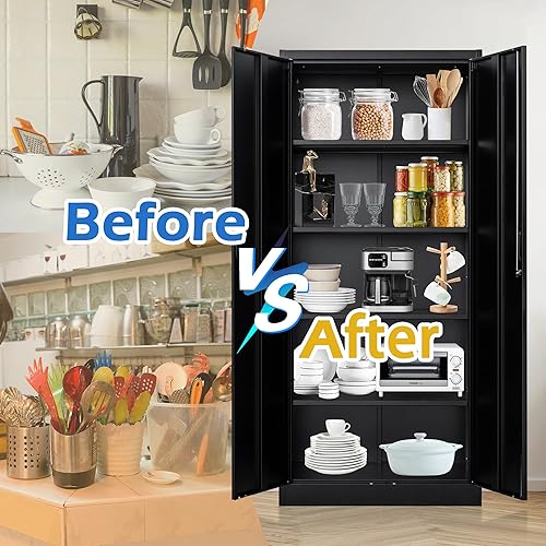 Miniatura 5 de Armario de almacenamiento de metal con puertas de bloqueo y estantes ajustables, gabinetes de almacenamiento de acero de 71 pulgadas de alto para