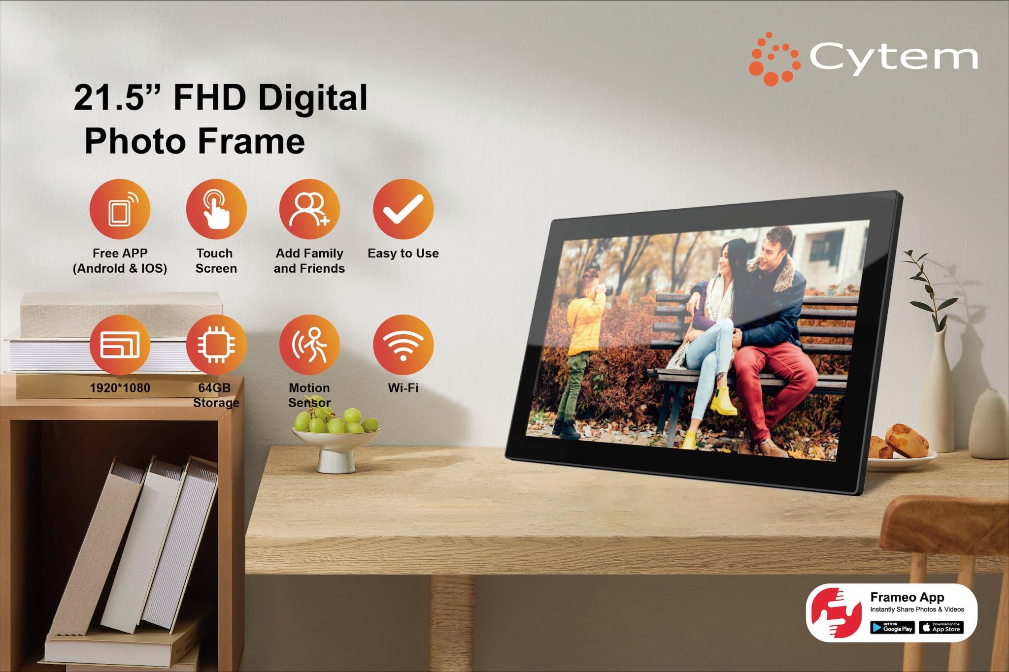 Cytem Digitaler Bilderrahmen 21.5 Zoll mit WLAN & Frameo App, 64GB Speicher, Bewegungssensor, automatische Bilddrehung, IPS Touchscreen 1920x1080, Schwarz