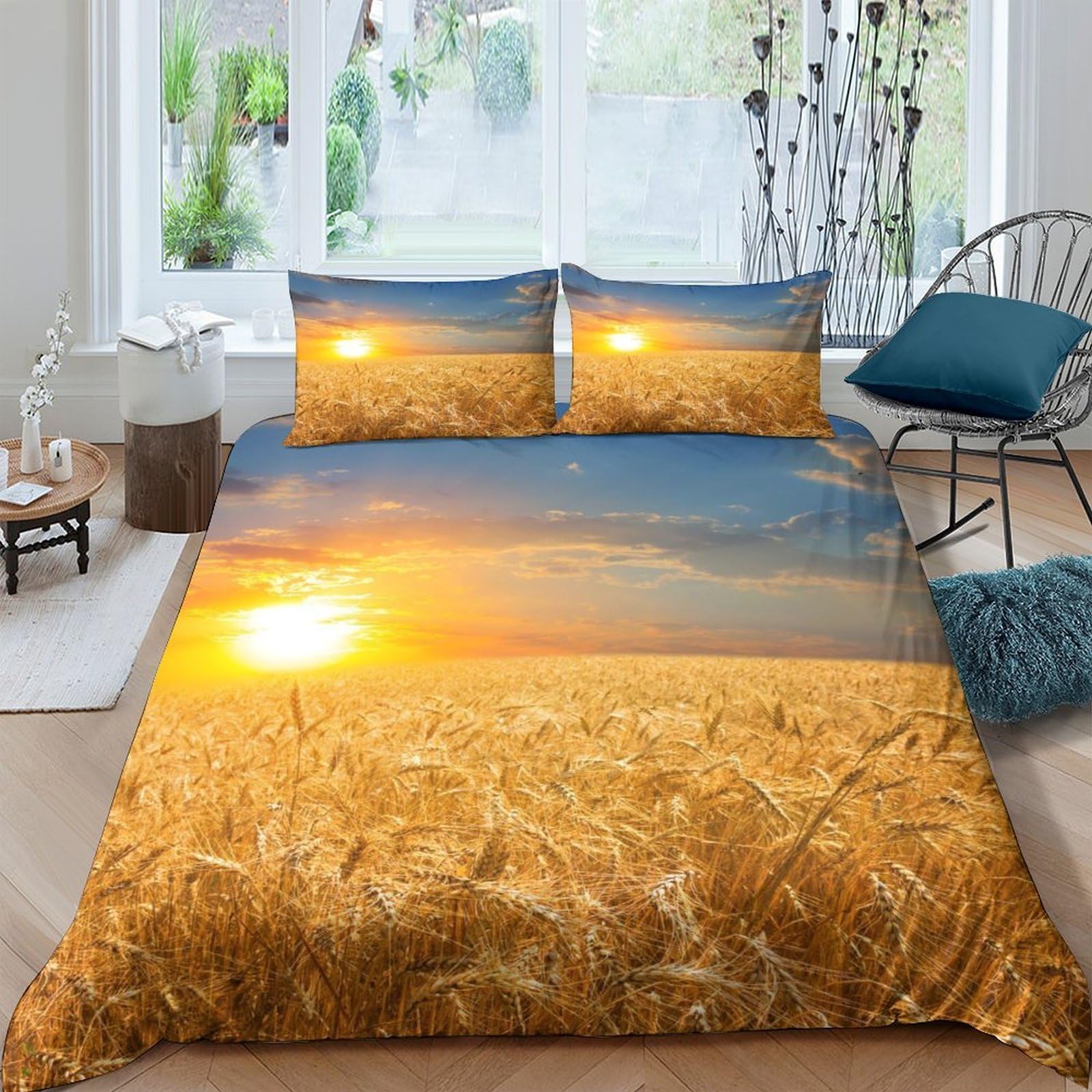 Ctjqhvkz Style-1 3D Printed Golden Wheat Field Fitted Sheet Microfiber Sunlight Landscape Bed Cover For Bedroom Guest Room Easy Care Single（135X200cm）