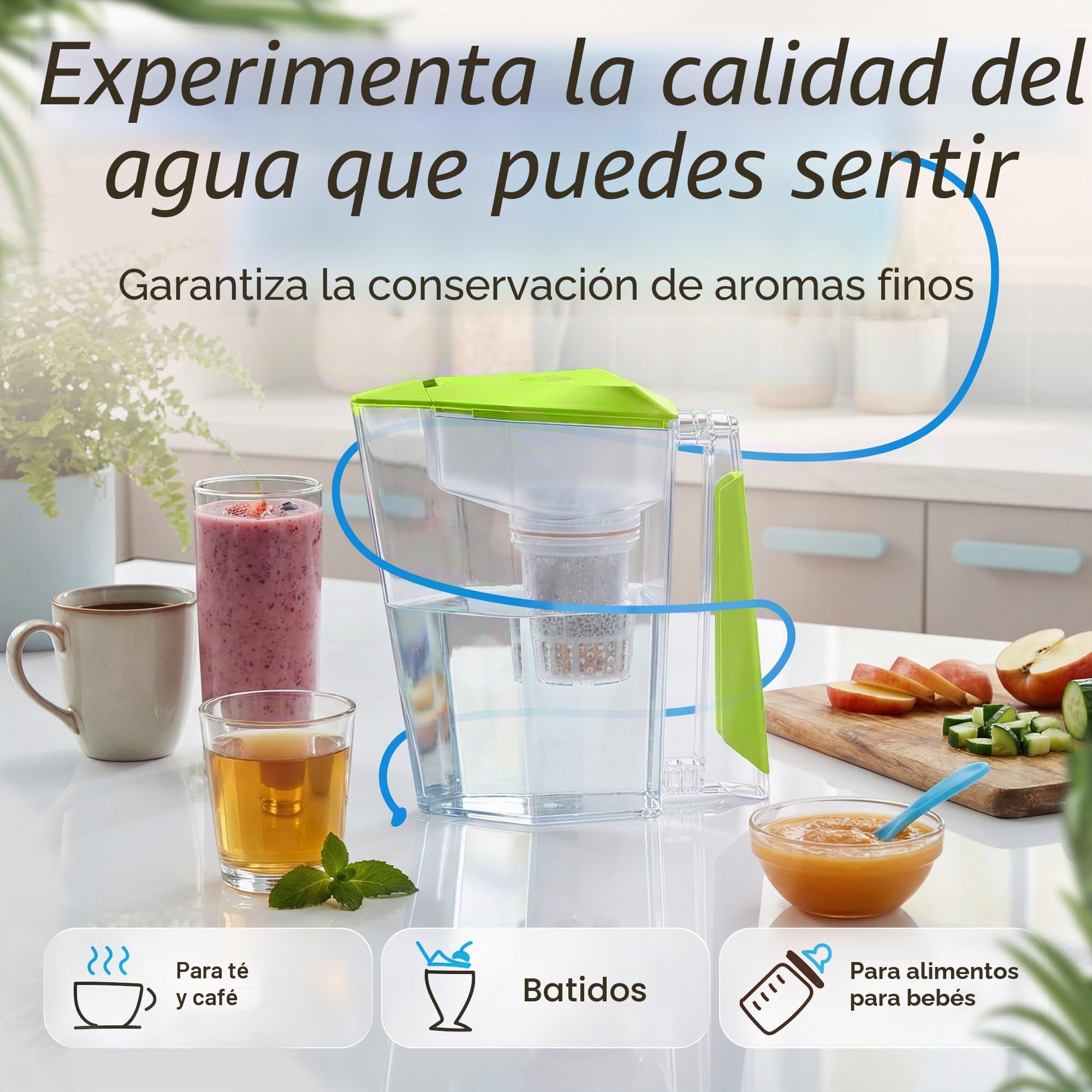 MAUNAWAI Filtro de agua Premium Bio Fabricado en Alemania con 1 jarra para agua potable + 1 cartucho filtrante y 1 almohadilla filtrante (para 3 meses) – Verde, filtro de agua potable + jarra