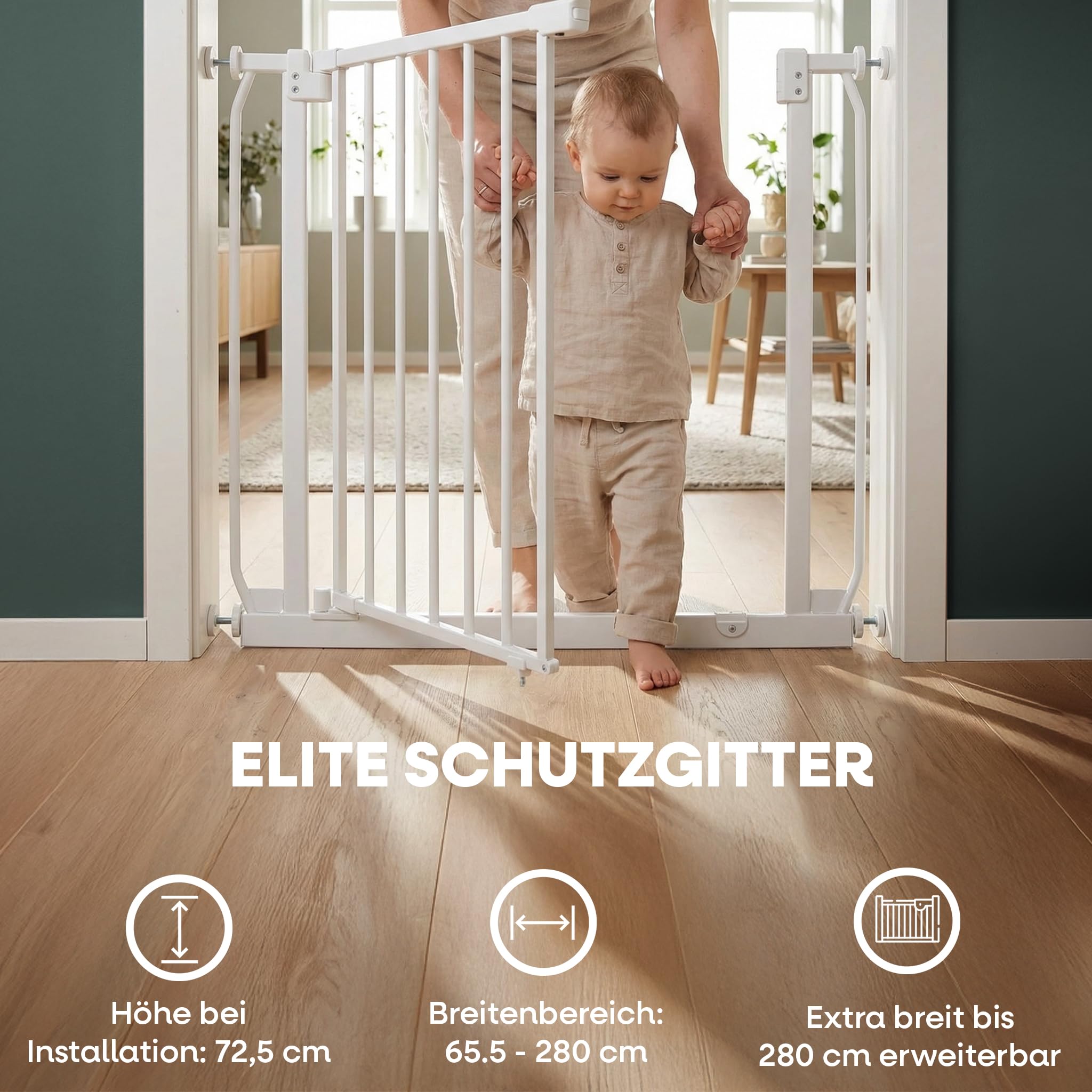 Safetots Elite Pressure Treppenschutzgitter Weiß – Ohne Bohren – Auto-Close & Stay-Open ab 90° – Extra breit bis 71cm-80cm – Beidseitig öffnend – Hochwertiges Sicherheitsgitter für Kinder & Haustiere