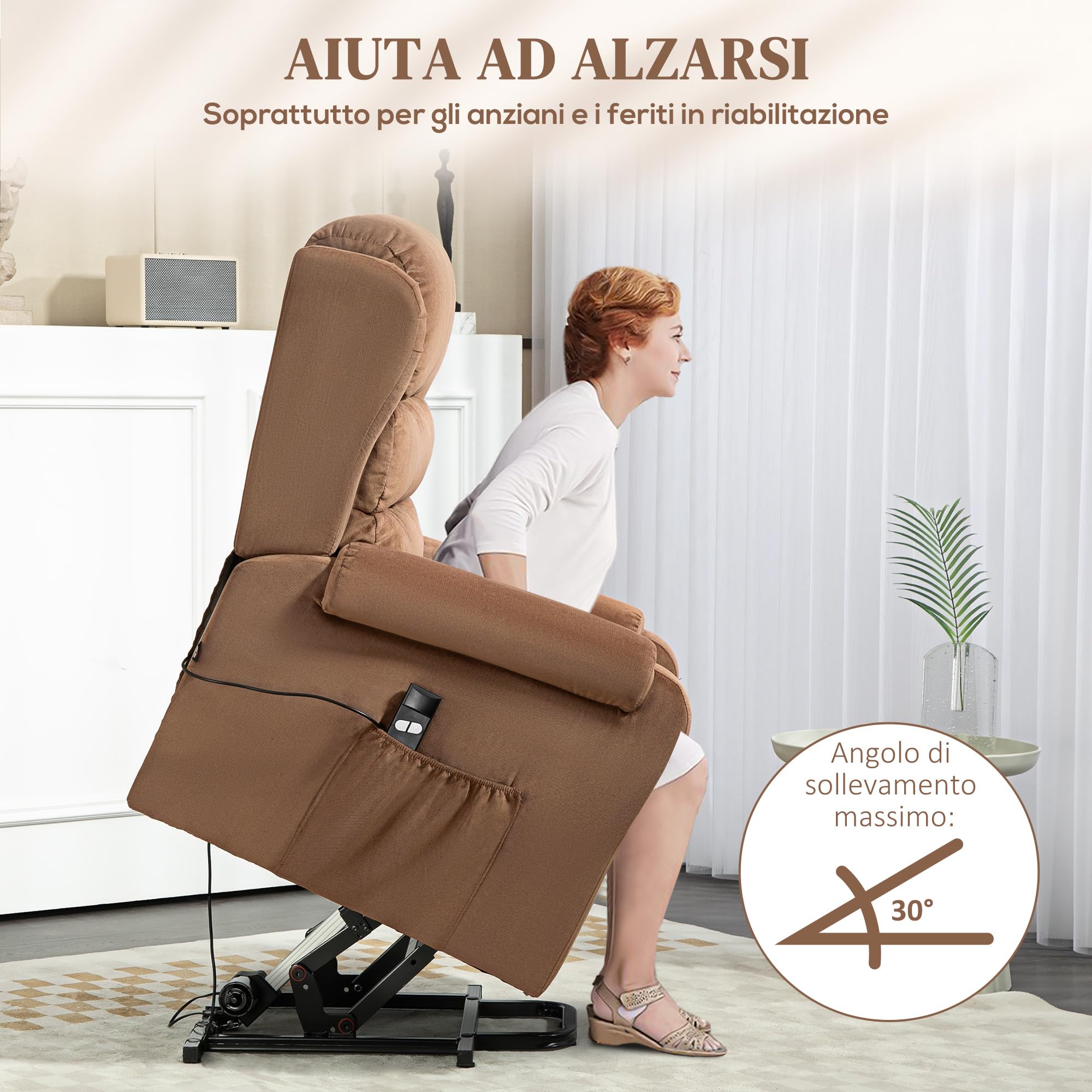 HOMCOM Poltrona Elettrica Alzapersona Reclinabile 160°, Poltrona Relax Elettrica in Velluto con Telecomando, Poggiapiedi e Tasche Laterali, Marrone Scuro