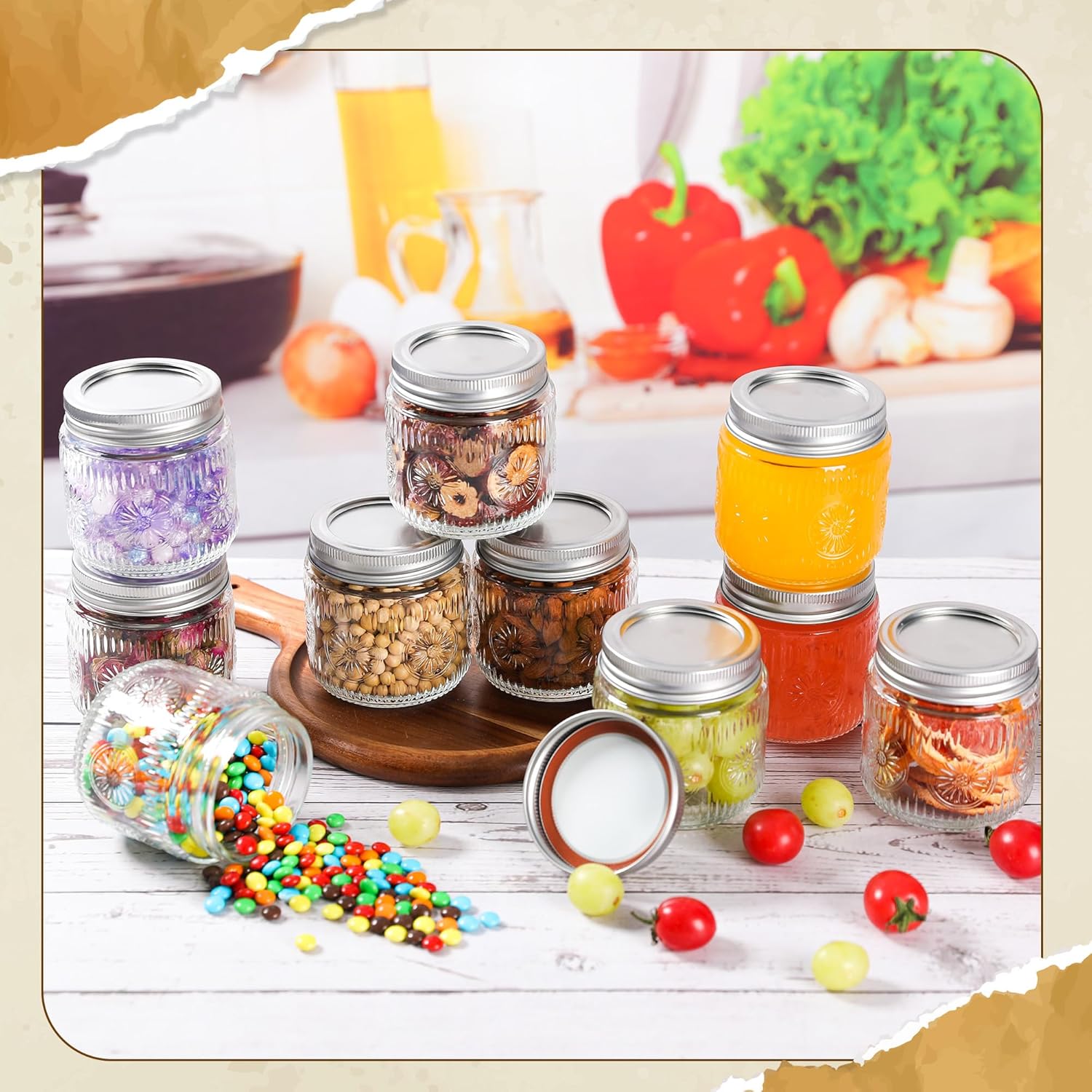 メイソンジャー 8オンス - ヴィンテージ スモール ガラス メイソンジャー シルバーメタル蓋付き レギュラーマウス 缶詰ジャー 保