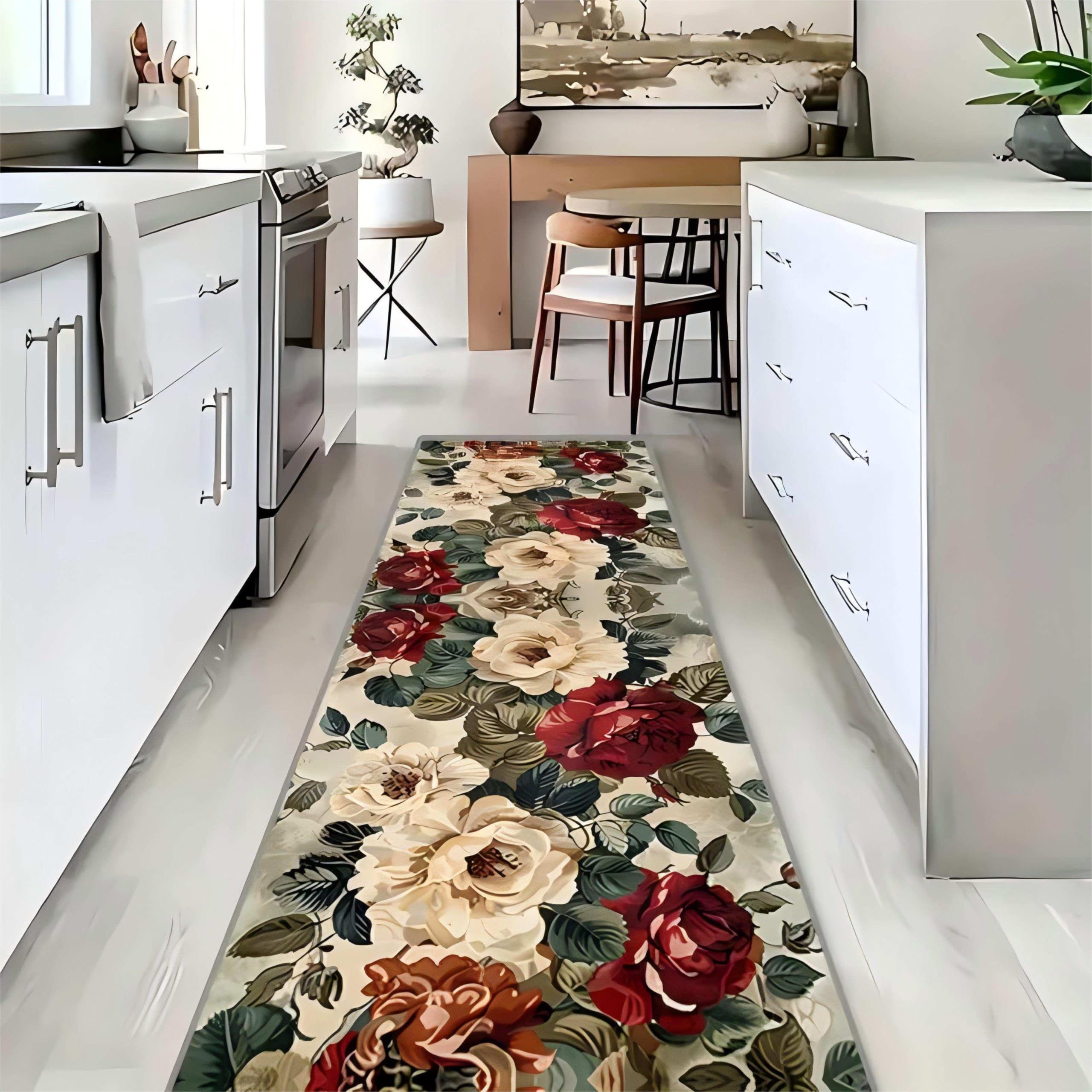 Rustic Floral Runner Rug,65x240cm, Vintage Bohemian Tropical Red White Plant Flower Leaves Hallway Rugs, Non-Slip Low Pile Non-Shedding Rugs for Living Room Kitchen Bathroom Office Home Decor โ image 1