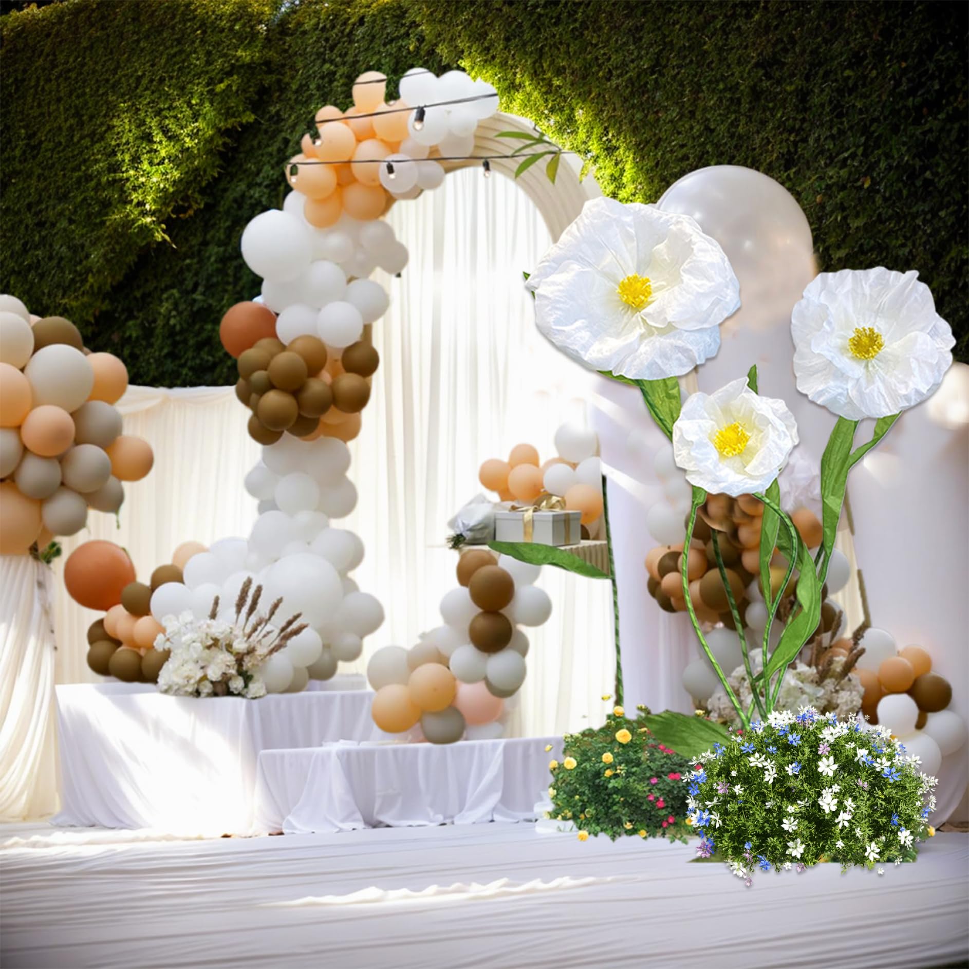 Arco di fiori artificiali bianchi con sfondo di verde per eventi nuziali, fiori da pavimento, arco floreale per matrimoni, decorazione per fondale del palco - Italia